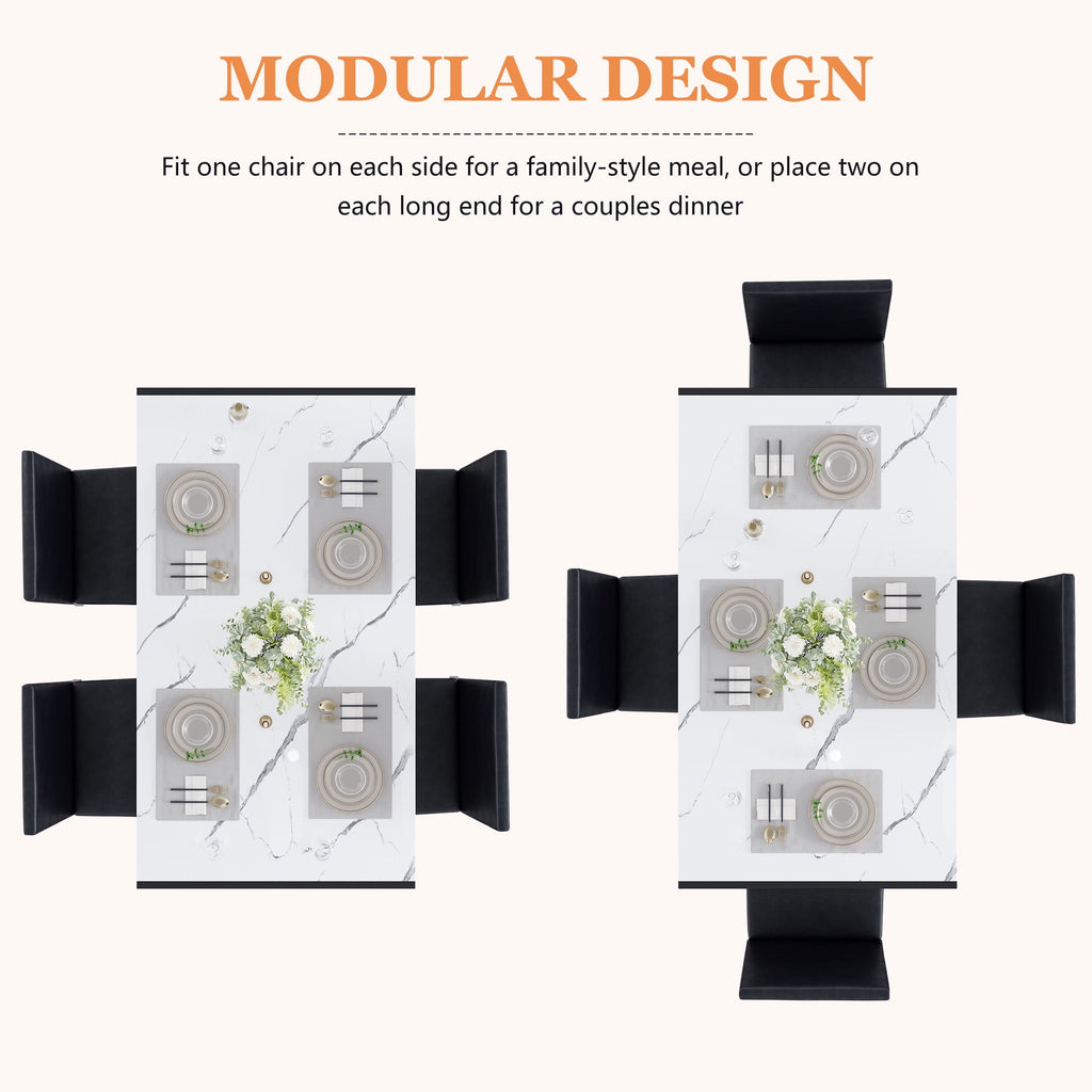 UHOMEPRO Dining Table Set for 4, 5 Piece Dining Room Table Set with Gray Velvet Upholstered Chairs, White Faux Marble Pattern Rectangle Kitchen Table Set for Breakfast Nook Small Space