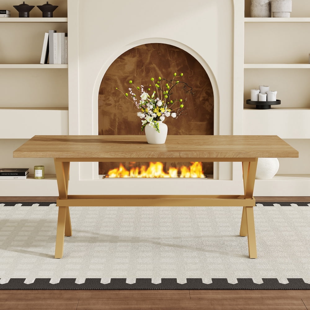 Modern 71 Wood Dining Table, Light Wood Grain MDF Top with X-Shaped Metal Legs, Seats 6-8 People, for Kitchen & Dining Room