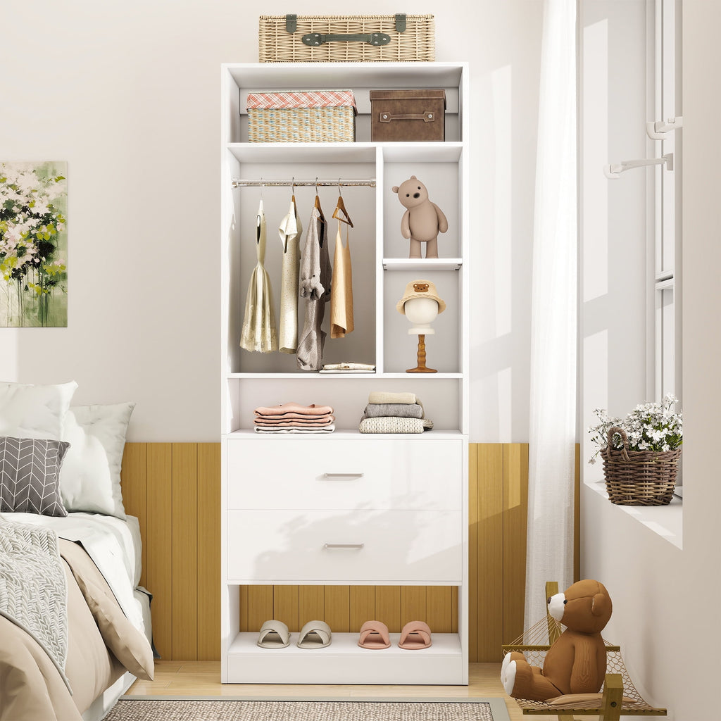 Homieasy Freestanding 24 Closet System with 2 Wood Drawers, 2FT Small Closet Organizer System with 6 Shelves & Hanging Rod, Walk-in Closet Systems for Small Closets, White