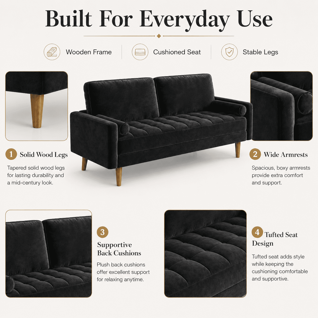 Neche Sofa for Living Room,Solid Wood Foot, 2 Seater Small Modern Loveseat Couch in a Box  - Black