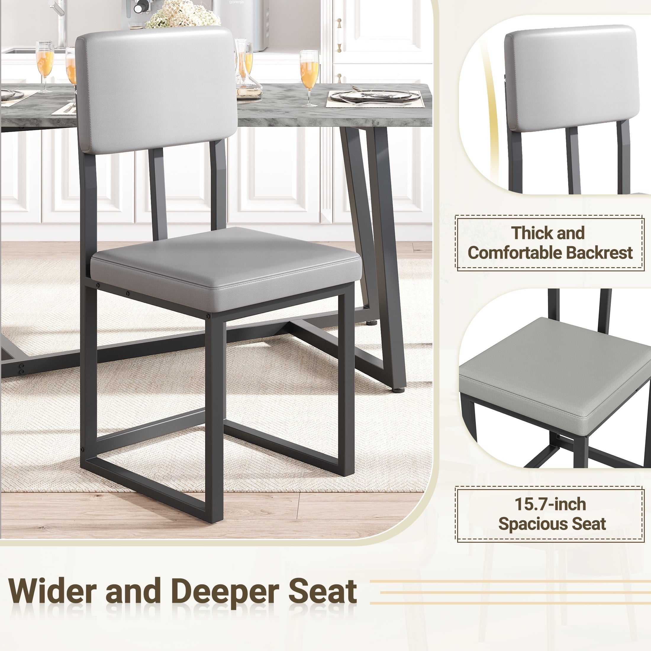 PORKISS 5 Piece Dining Table Set, Modern Faux Marble Tabletop and 4 Linen Upholstered Chairs, Rectangle Kitchen Table and Chairs for 4, White + Gray(Linen)