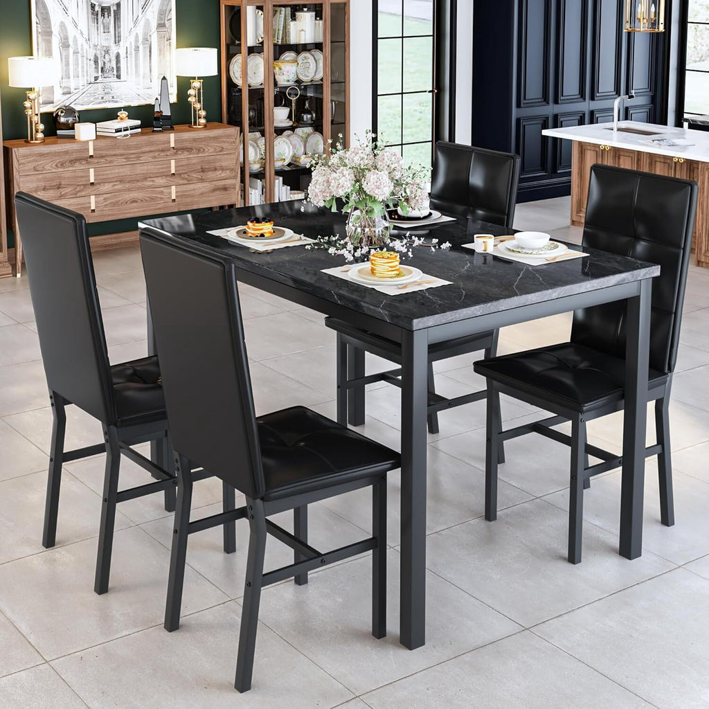 MOOSENG Dining Table Set for 4, Faux Marble Kitchen Table and Chairs Set of 4, 5-Piece Dining Room Set with PU Leather Upholstered Chairs for Small Space, Gray