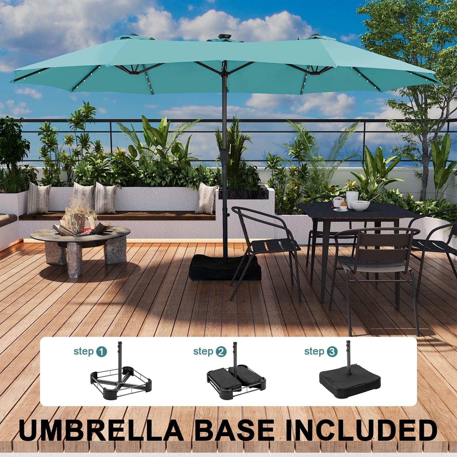 Ainfox 15ft Large Patio Umbrella with Solar Lights, Double-Sided Outdoor Rectangle Table Umbrellas with Sand Bag Base，Beige