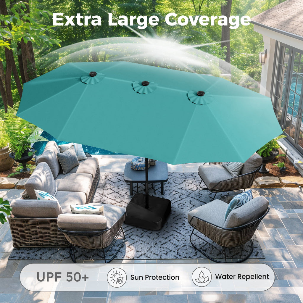 Alpha Joy 15ft Extra Large Outdoor Patio Double-Sided Umbrella with LED Solar Lights & Umbrella Base, Beige