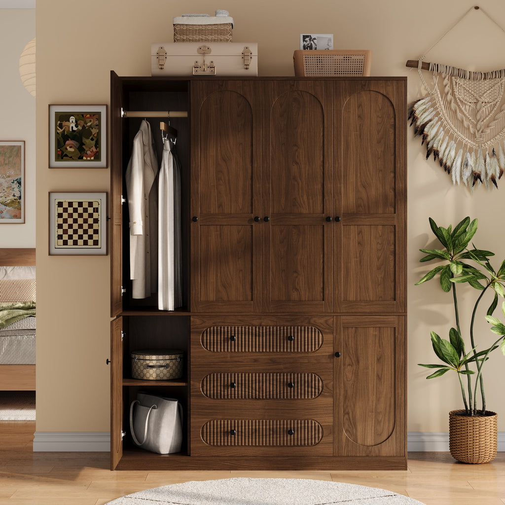 UGTOO 72H 4-Door Wardrobe Armoire with 3 Hanging Rods & 3 Drawers – Black Wooden Closet Storage Cabinet, Large Capacity Freestanding Clothes Organizer for Bedroom