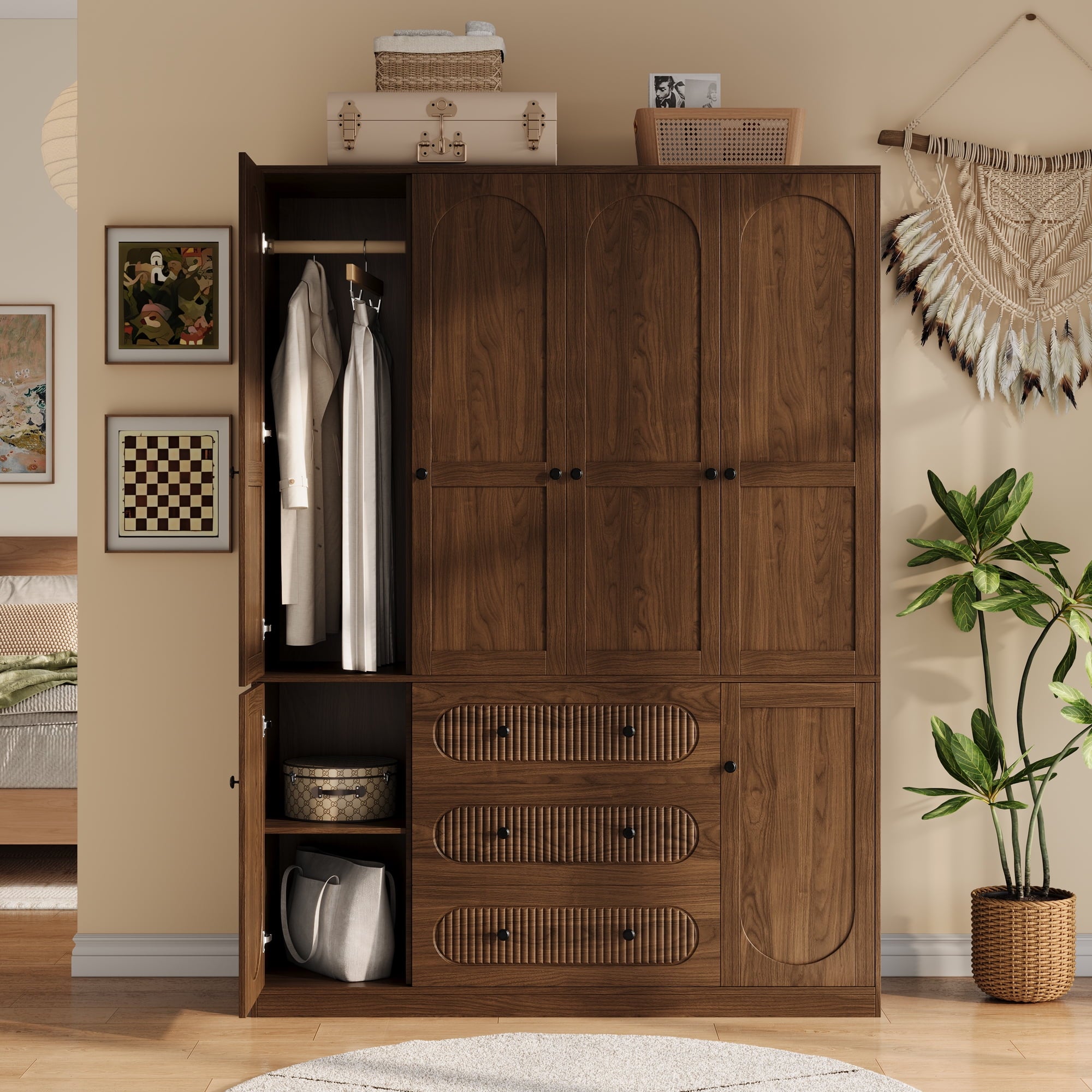 UGTOO 72H 4-Door Wardrobe Armoire with 3 Hanging Rods & 3 Drawers – Black Wooden Closet Storage Cabinet, Large Capacity Freestanding Clothes Organizer for Bedroom
