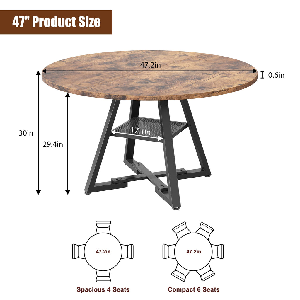 Hijob 47 inch Wood Dining Table for 4, Round Kitchen Dining Table with Storage Shelf for Home Dining Room Living Room, Brown(Only Table)