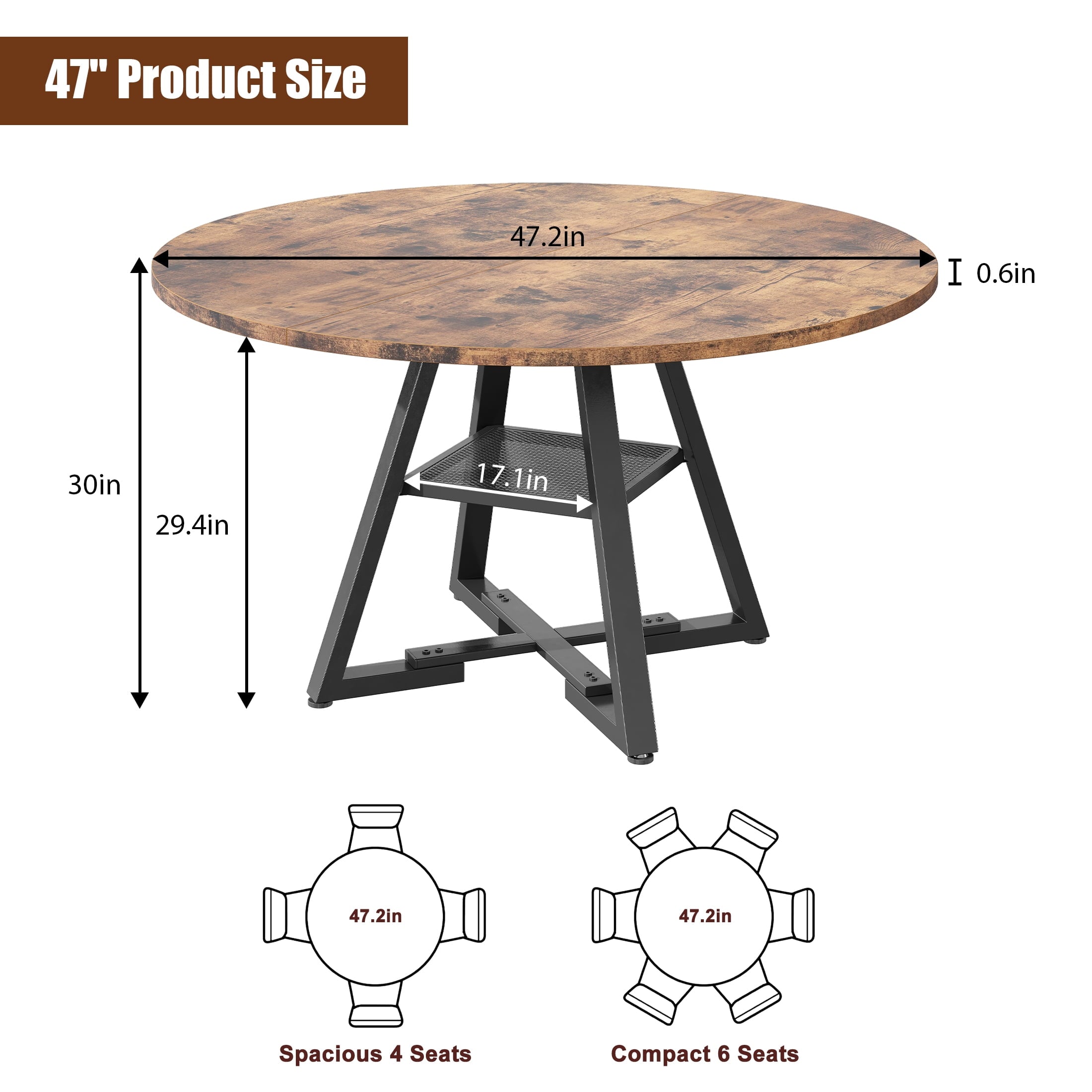 Hijob 47 inch Wood Dining Table for 4, Round Kitchen Dining Table with Storage Shelf for Home Dining Room Living Room, Brown(Only Table)