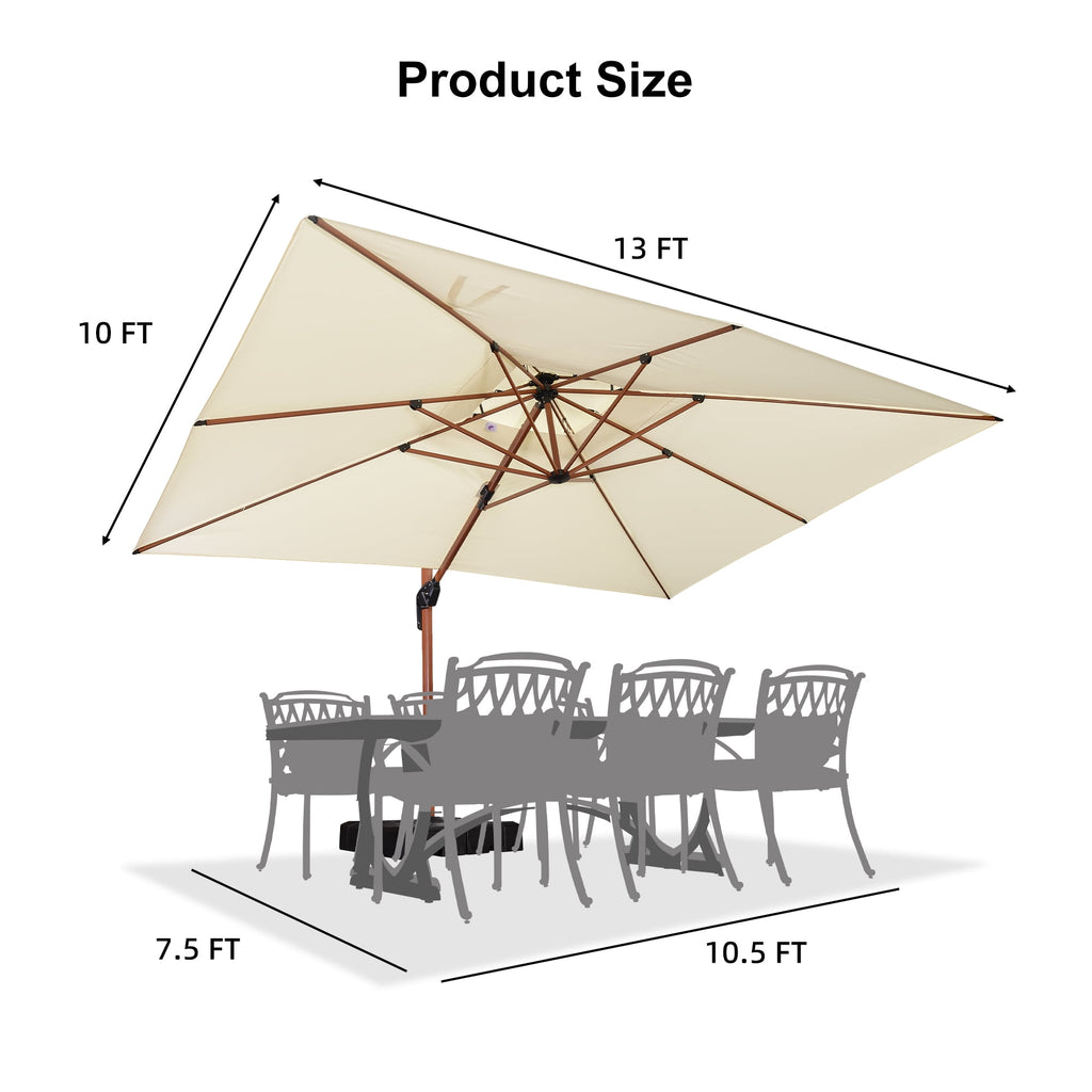 PURPLE LEAF 10FT Deluxe Square Wood Grain Patio Umbrella, Large Offset Cantilever Umbrella with 360° Rotation, Beige
