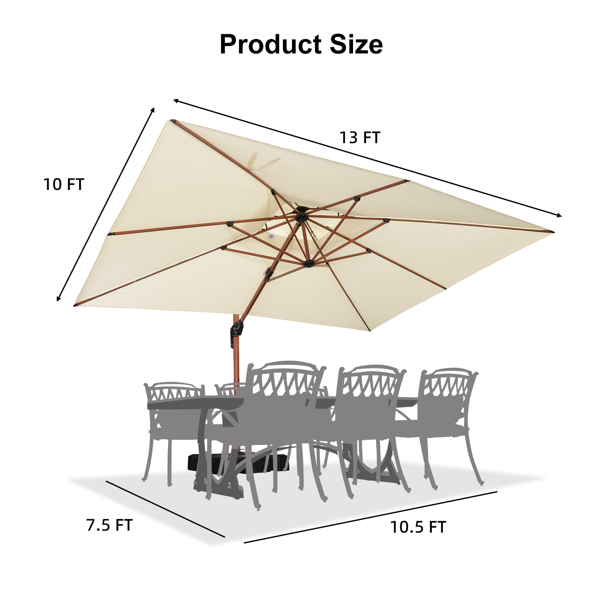 PURPLE LEAF 10FT Deluxe Square Wood Grain Patio Umbrella, Large Offset Cantilever Umbrella with 360° Rotation, Beige