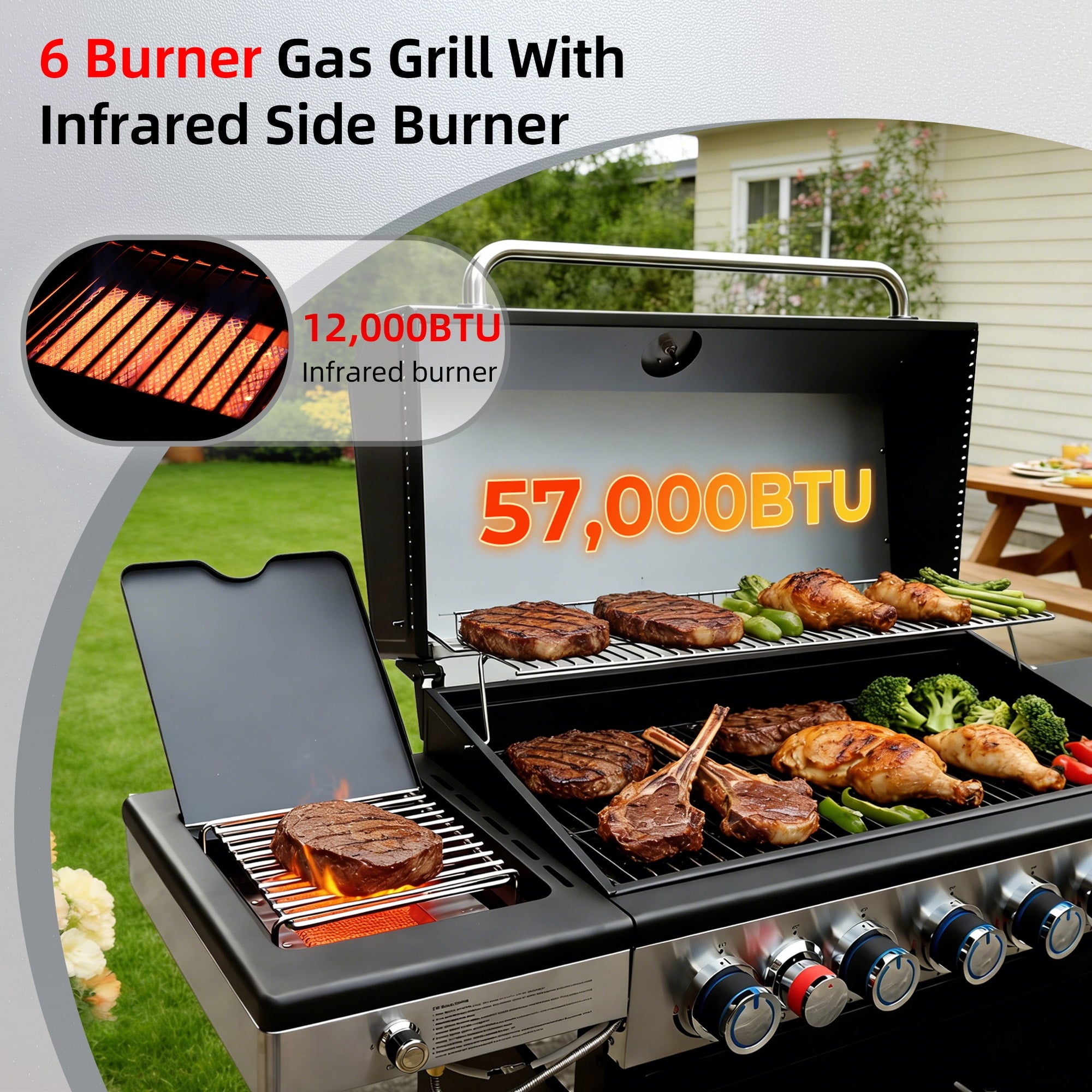 Brand-Man Grills 4-Burner Propane Gas Grill with Infrared Side Burner, Porcelain-Enameled Cast Iron Grate & Griddle, Outdoor Backyard BBQ Grill