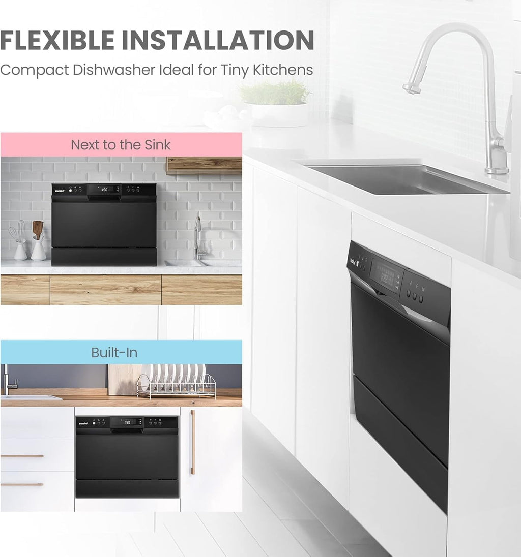 COMFEE' Energy Star Countertop Dishwasher, 6 Place Settings & 8 Programs, Speed/Baby-Care/Eco/Glass, Black