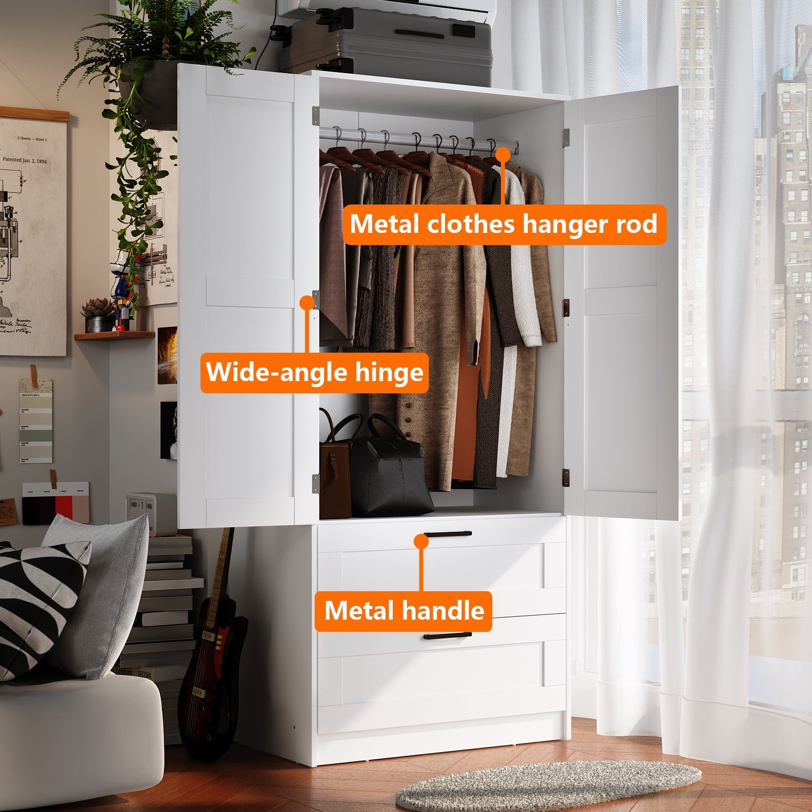Wood White Wardrobe Closet with 2 Doors，Bedroom Freestanding Armoire Storage Cabinet with Shelves，Wooden Wardrobe Combination for Hanging Clothes