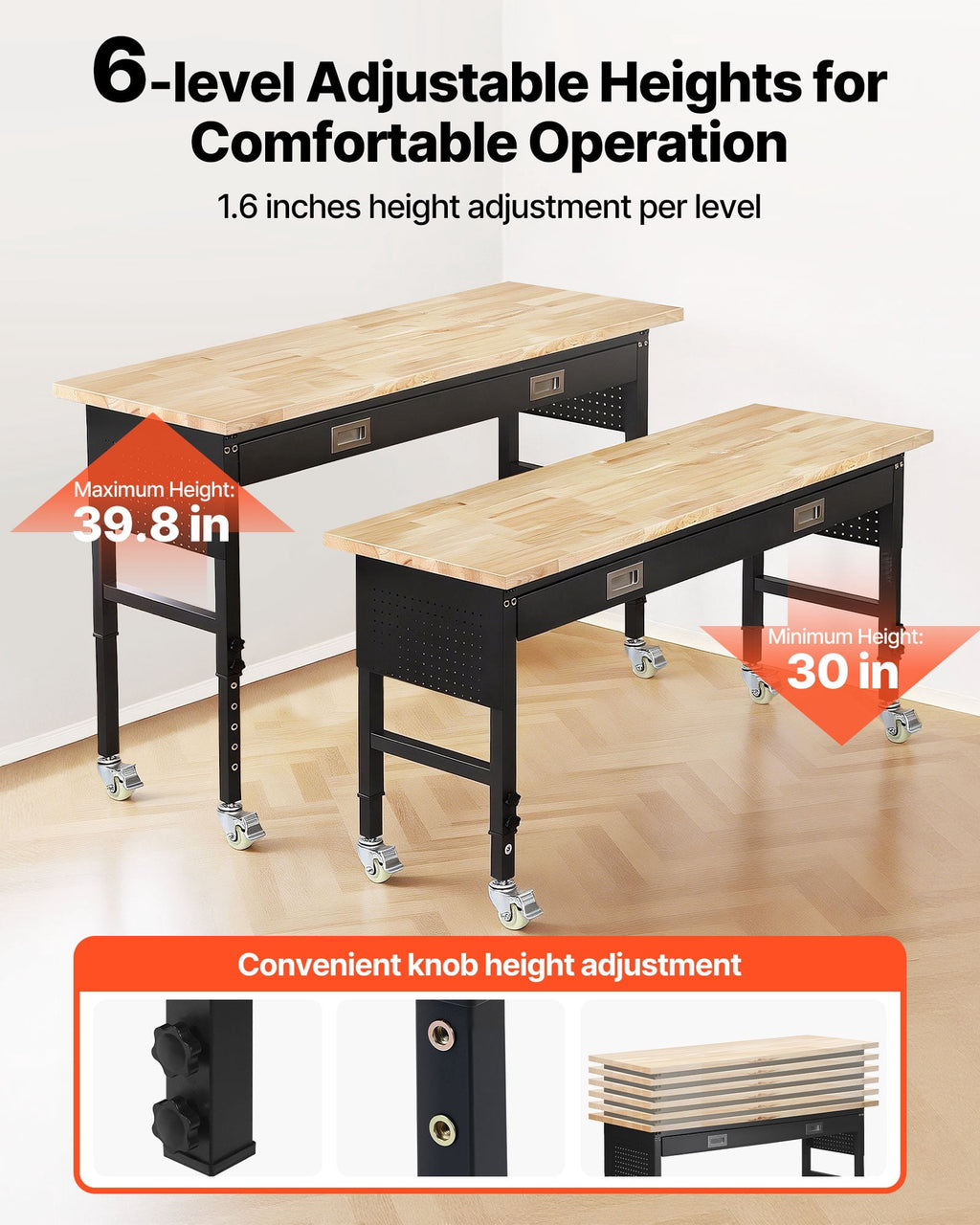 VEVOR 60-inch Adjustable Workbench, 1500 lbs Load Capacity, Garage Workbench with Drawer, Power Outlet, Wheels, and Pegboard, Heavy Duty Oak Wood Top Work Table for Garage, Workshop, Office, and Home