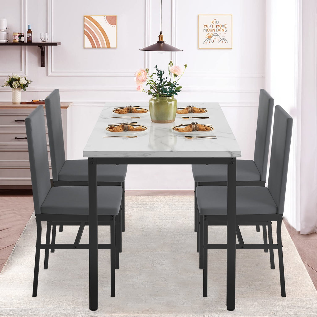 5 Piece Dining Table Set, Modern Faux Marble Tabletop and 4 PU Leather Upholstered Chairs, Rectangle Kitchen Table and Chairs for 4 Persons, Small Dining Set for Bar Dining Room Breakfast Nook