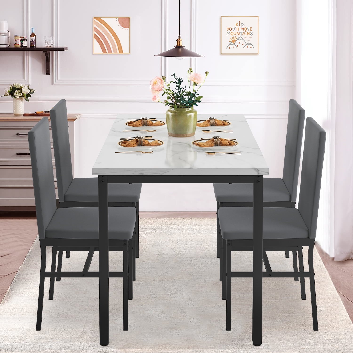5 Piece Dining Table Set, Modern Faux Marble Tabletop and 4 PU Leather Upholstered Chairs, Rectangle Kitchen Table and Chairs for 4 Persons, Small Dining Set for Bar Dining Room Breakfast Nook