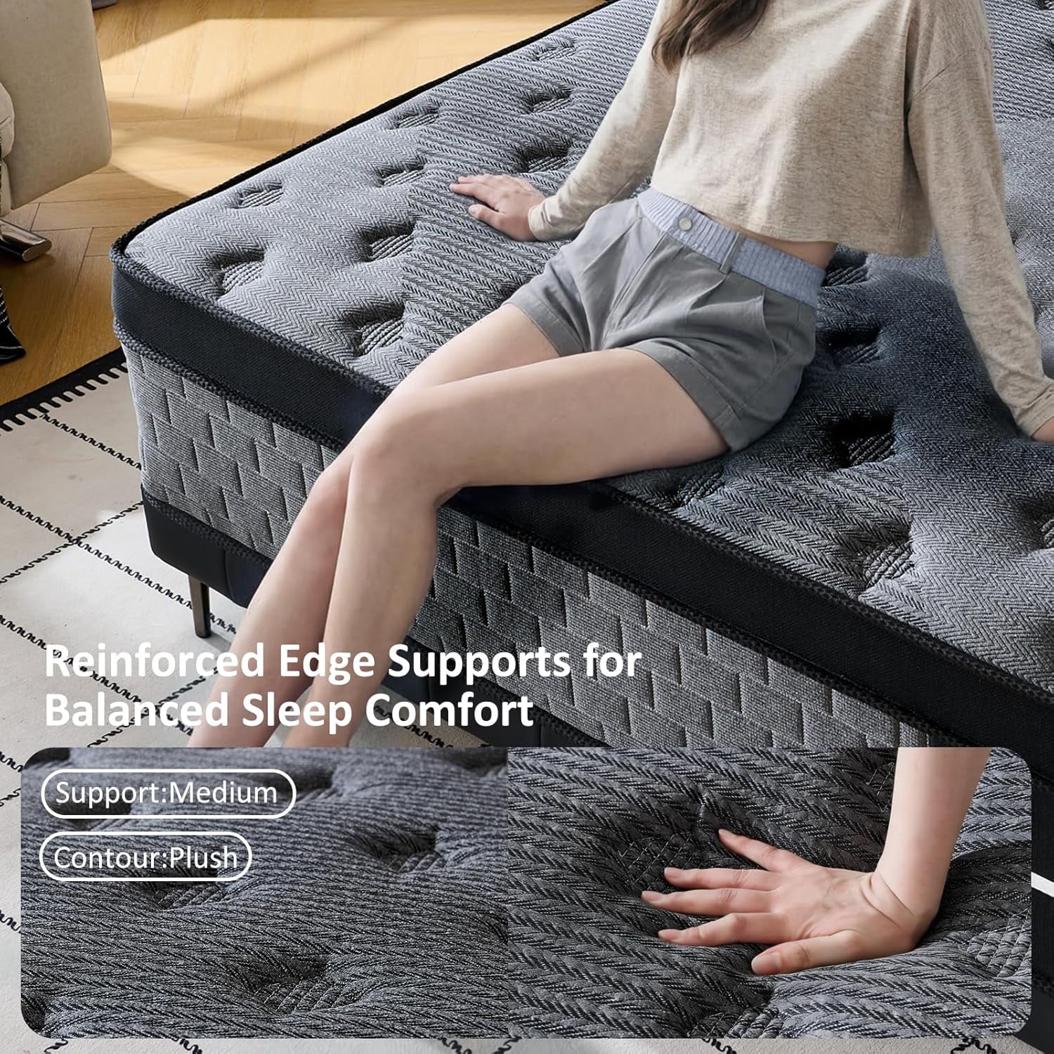 Lodeija 12 Queen Hybrid Mattress,5-Zone Pocket Springs with Motion Isolation,Medium Firm,Fiberglass-Free,Black