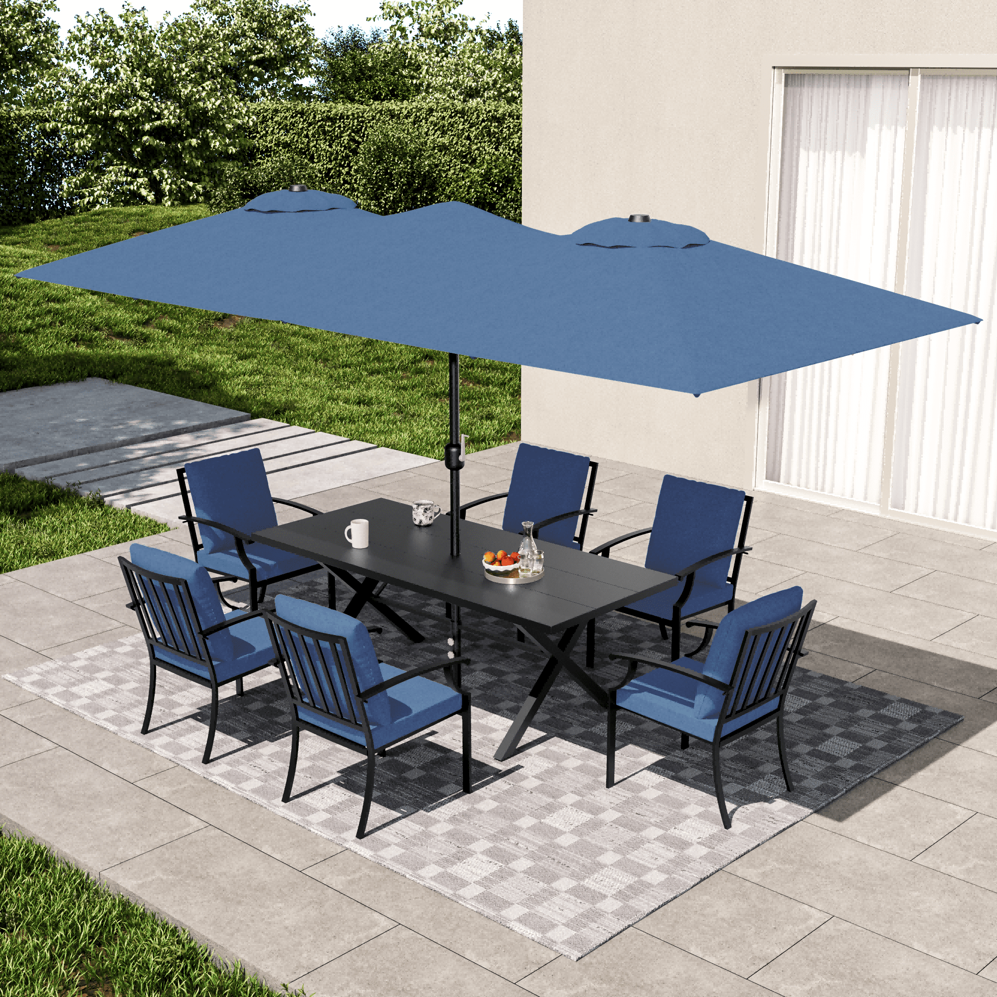 ALAULM 10 Piece Patio Dining Set w/14FT Umbrella, Metal Outdoor Furniture Set w/Rectangular table, 6 Fixed Chairs and 2 swivel rocking chairs for Patio, Backyard, Garden, Poolside（Grey）