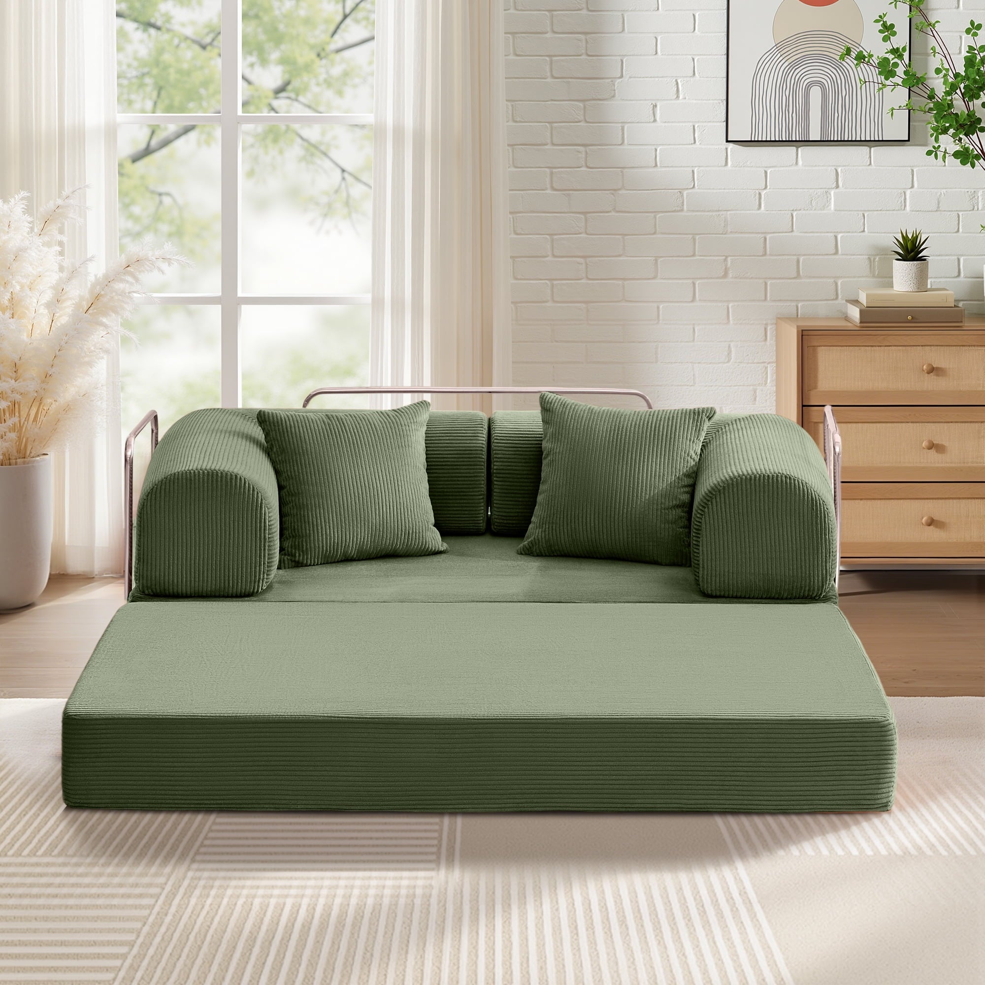 COOLHUT 63 W Combination Sofa, High Rebound Density Foam Sofa Couch, Two Forms Floor Couch Three Seats Sofa Bed for Living Room, Bedroom, Green