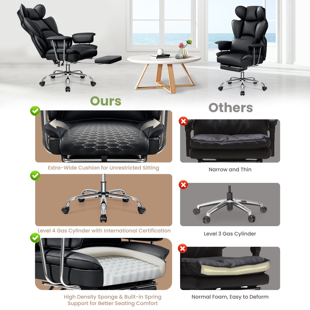 ATHOPE Executive Leather Office Chair 500lbs, Big and Tall Desk Chair with Footrest, High Back Ergonomic Reclining Computer Chair, High-Density Foam, Heavy Duty Swivel Rolling Chair, Black