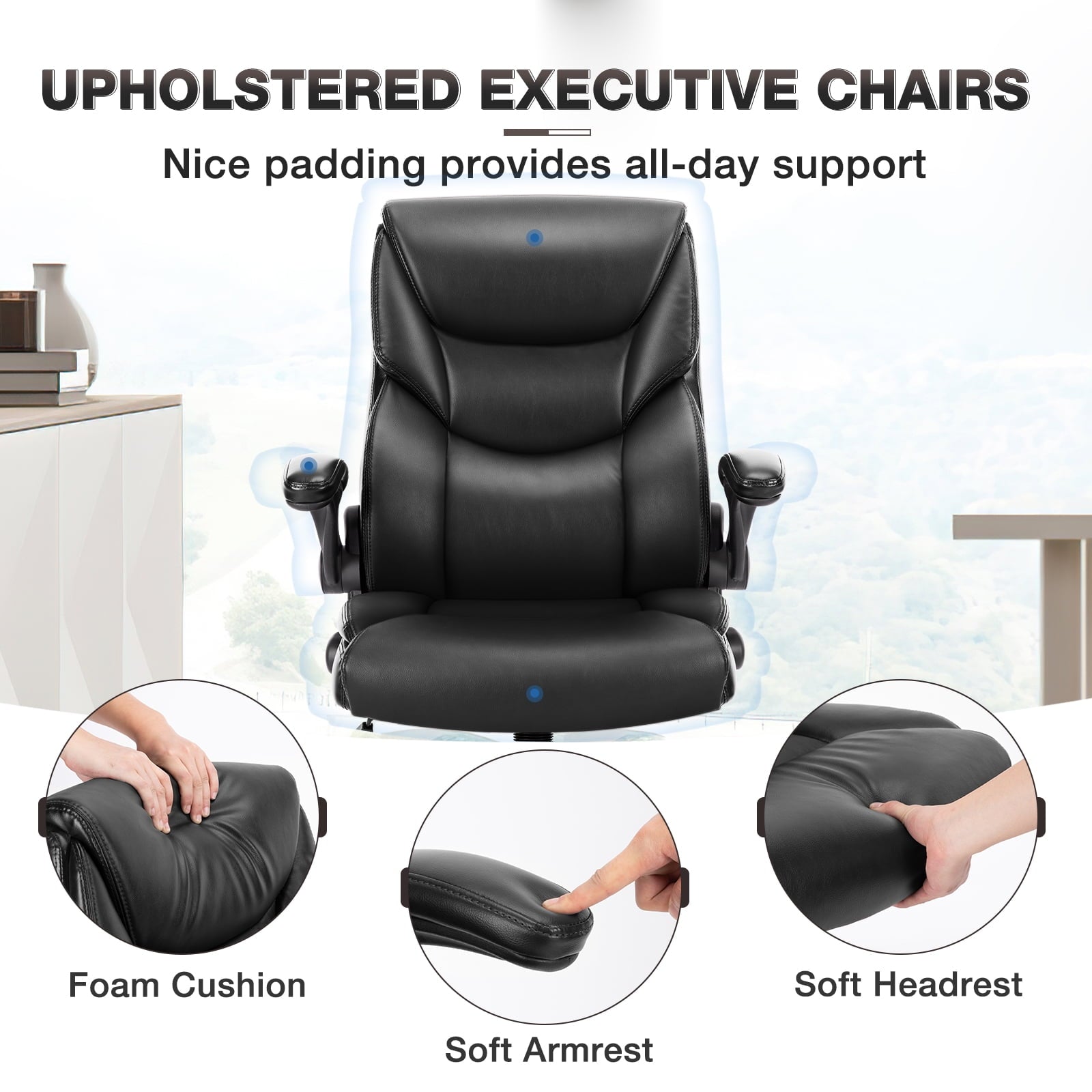GIANNA Heavy Duty Ergonomic Computer Gaming Office Chair, With Wheels, Flip-up Arms, Adjustable Height, PU Leather, Black