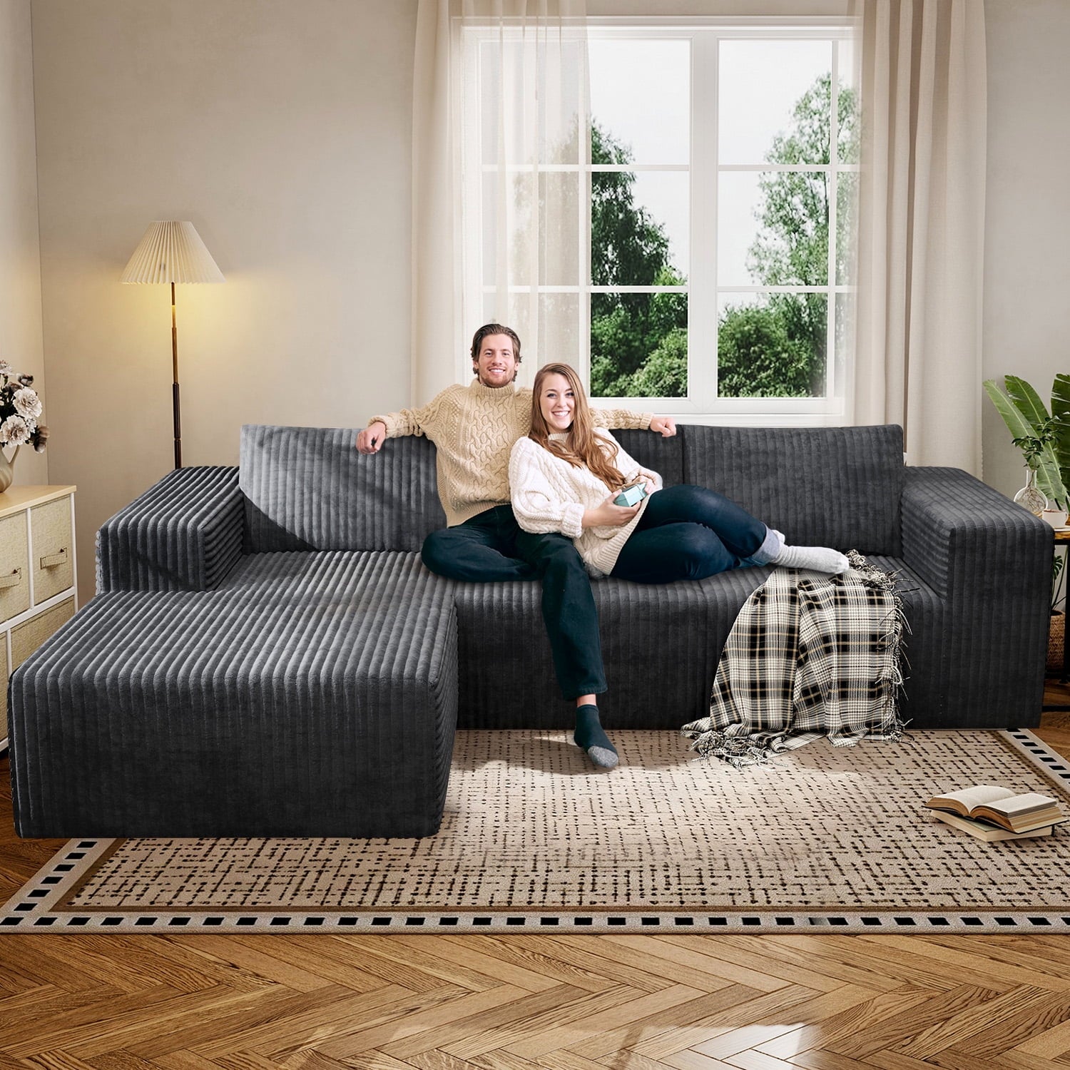 YVDNHP Modular Cloud Sofa - No Assembly Required, 107.8 Oversized L-Shaped Sectional with Chaise, Flannel Fabric Deep Seating Couch for Living Room
