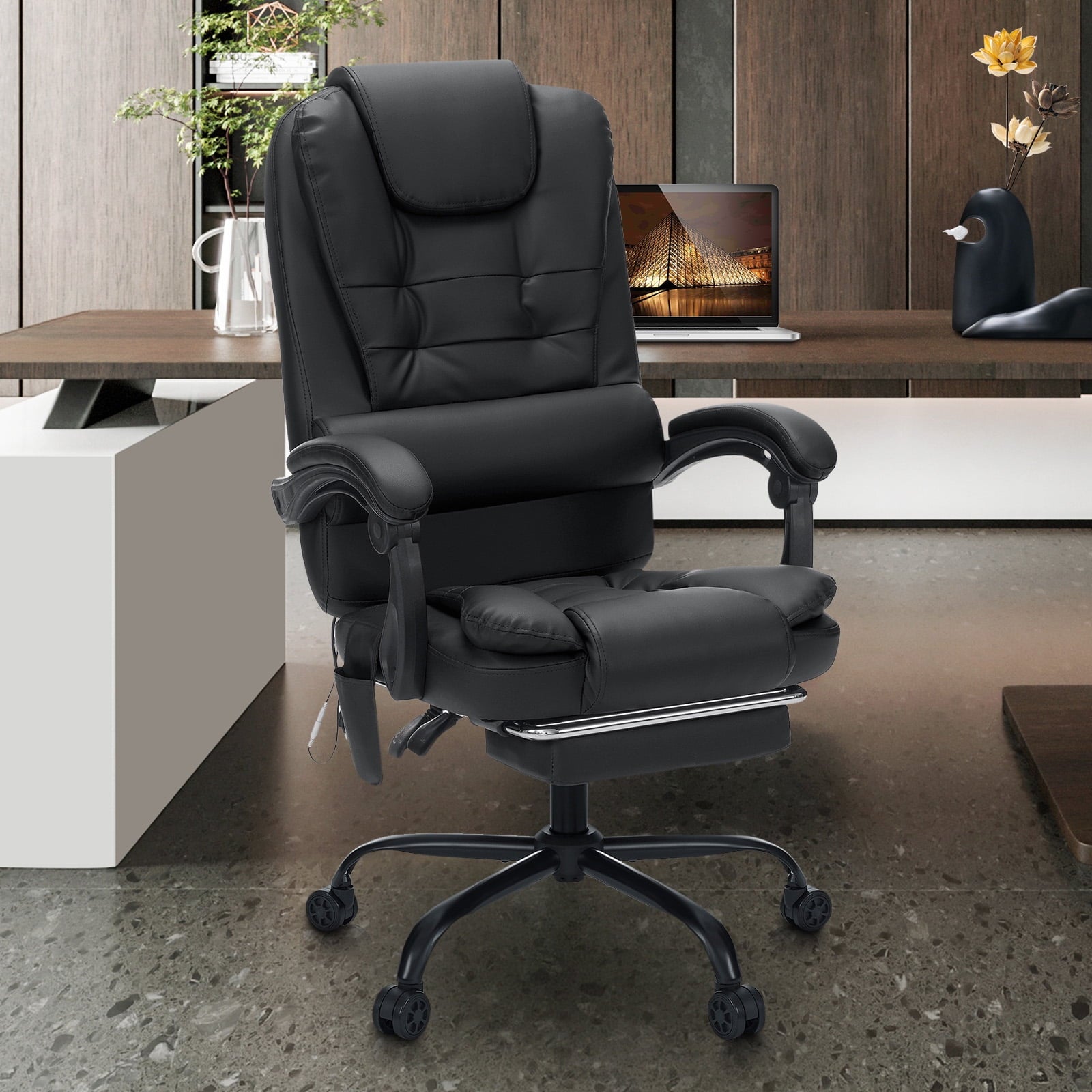 Hoffree Executive Office Chair Massage and Footrest Ergonomic Computer Desk Chair Reclining High Back Leather Office Chair Lumbar Back Support Swivel Rolling for Home Office Black