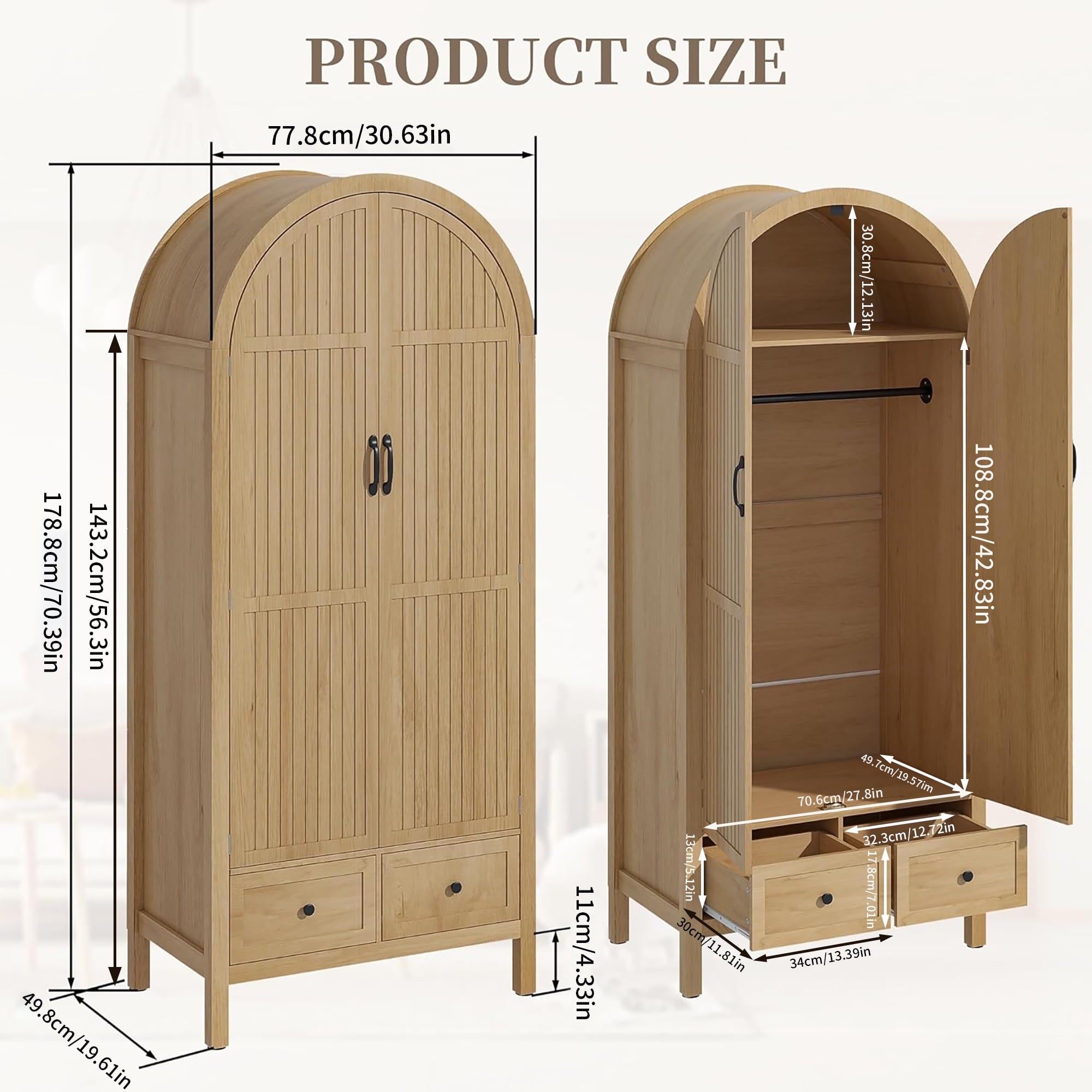 Oubayajia Arched Armoire Wardrobe Closet with Fluted Doors, Wooden Wardrobe Closet with Drawers, Shelves and Hanging Rod for Bedroom