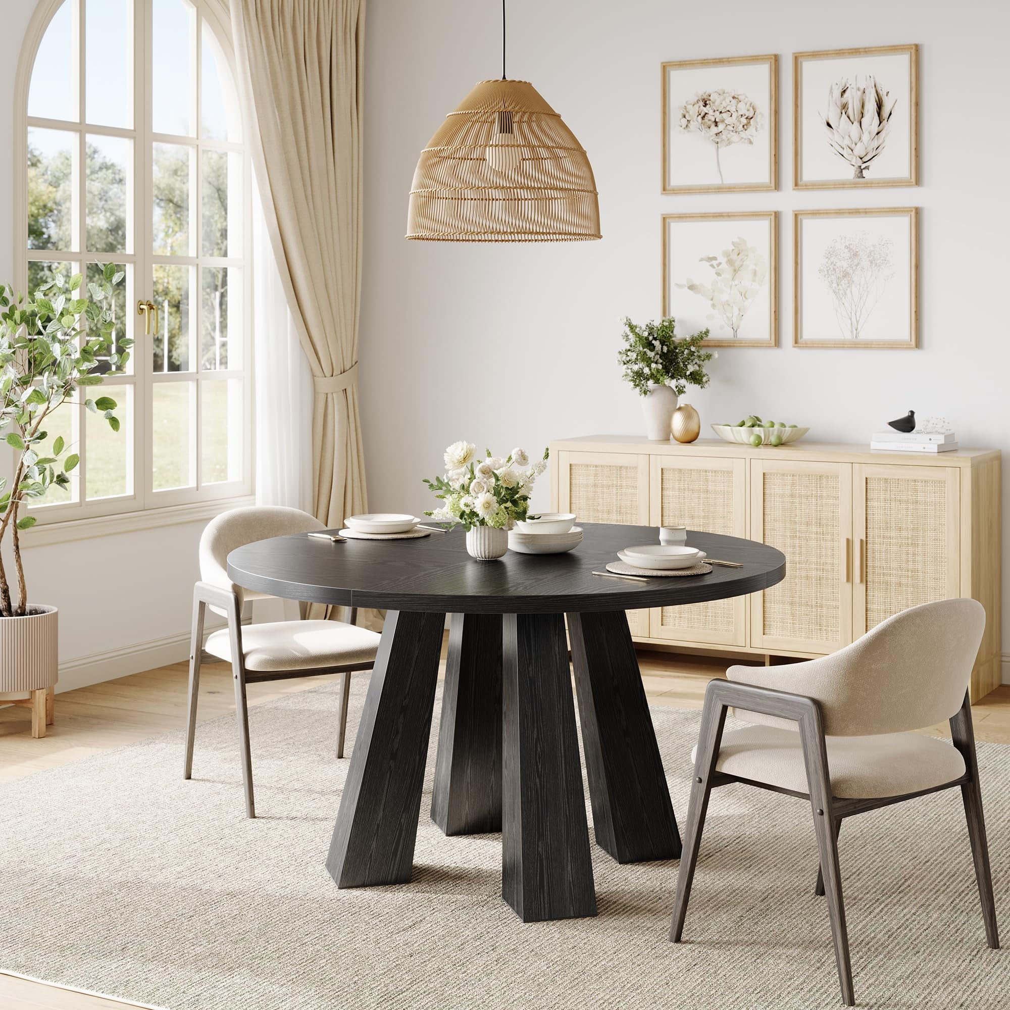 47 Round Farmhouse Dining Table for 4 | Sturdy Kitchen Table & Breakfast Nook Centerpiece Space-Saving Design for Dining Room (Table Only)