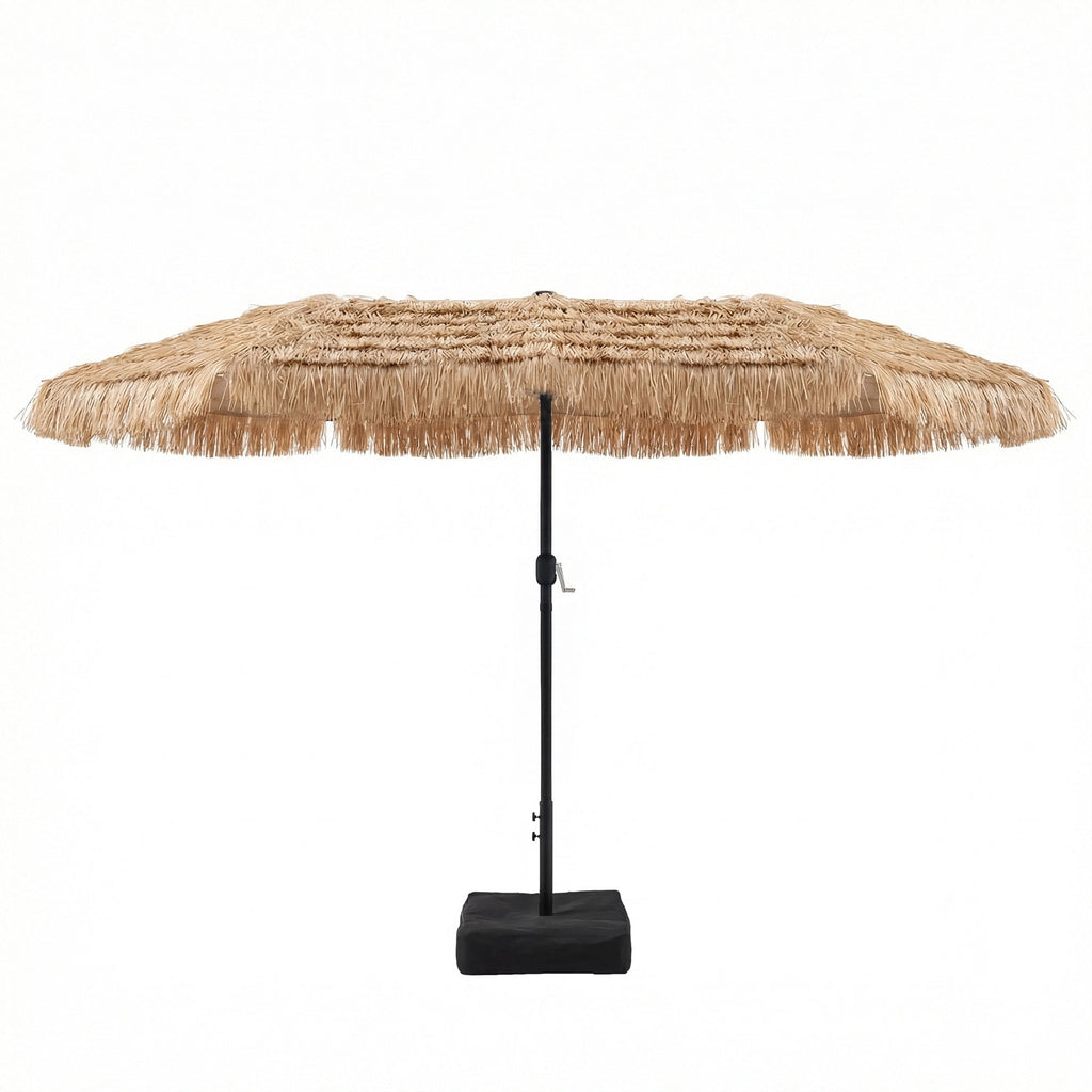 LAZZO 15ft Large Patio Umbrella with Base and Lights, Double-Sided Rectangular Outdoor Deck Umbrella, Tiki Style