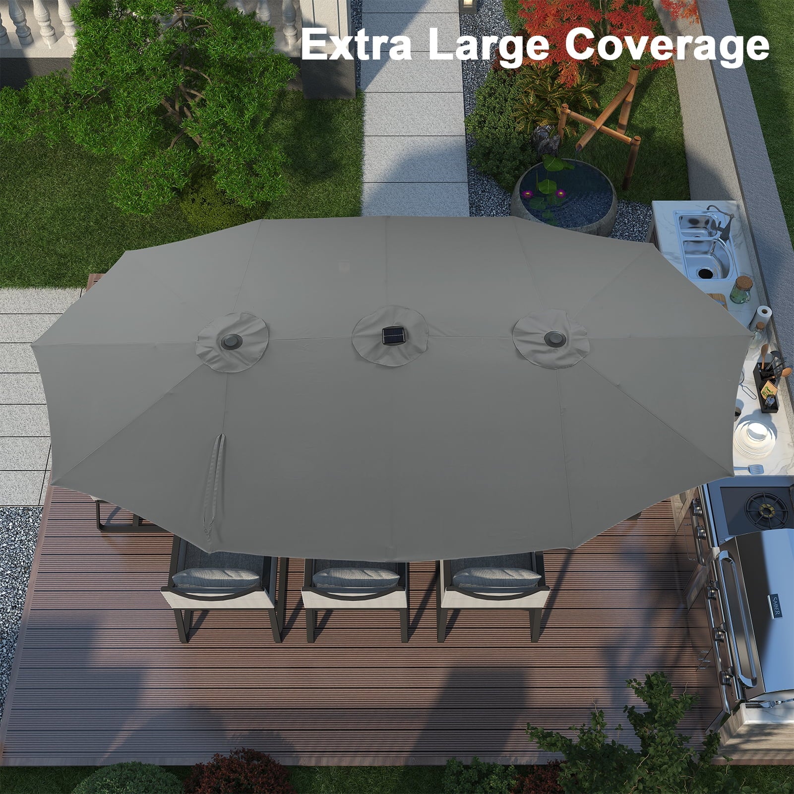 Ainfox 15ft Large Patio Umbrella with Solar Lights, Double-Sided Outdoor Rectangle Table Umbrellas with Sand Bag Base，Beige