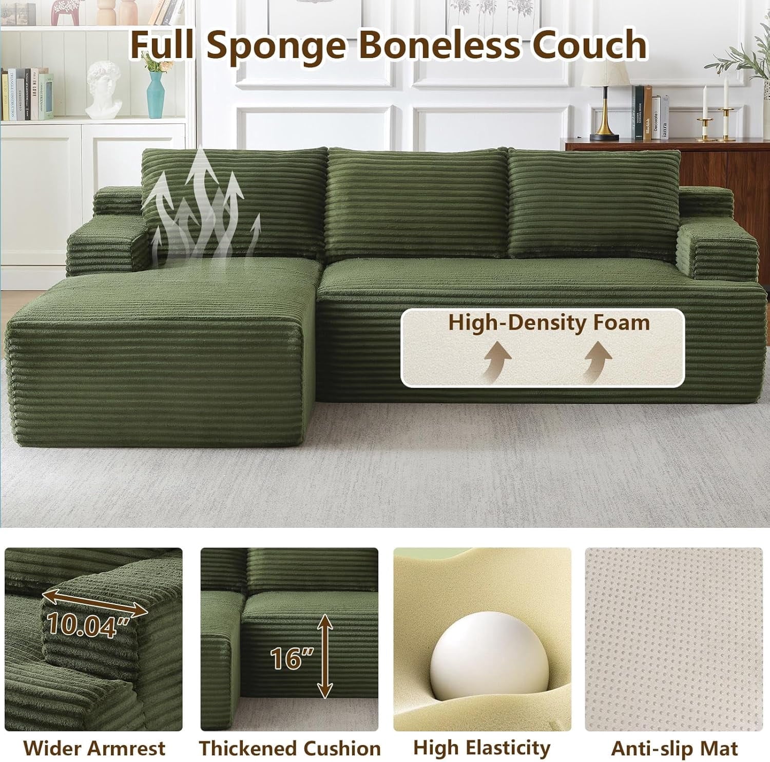 96 Boneless Cloud Couch with Chaise, Modular Sectional Sofa for Living Room, No Assembly Required, Deep Seat Corduroy Couch, Green