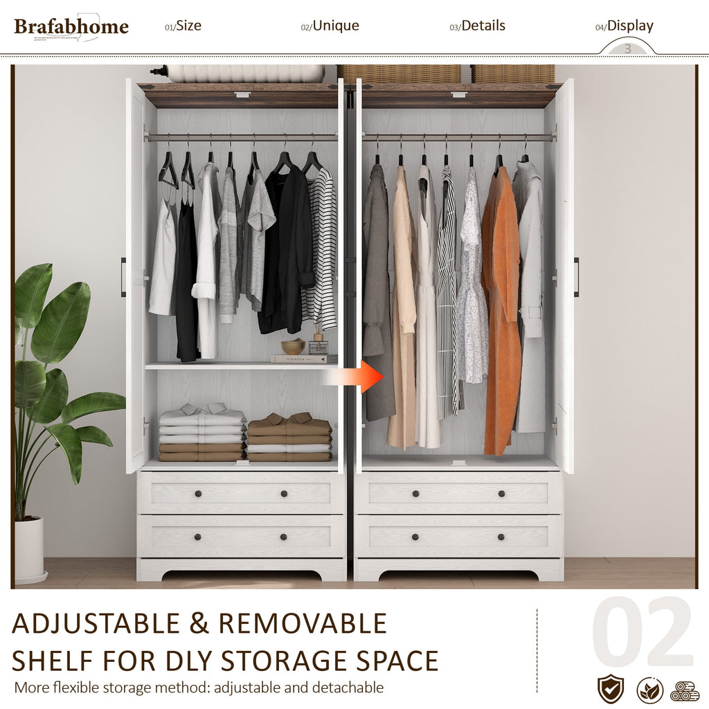 Brafabhome 71H Armoire Wardrobe Closet with 2 Drawers, Farmhouse 2 Doors Armoire Cabinet with Hanging Rod, Modern Freestanding Wardrobe Clothes Cabinet for Bedroom | Gray