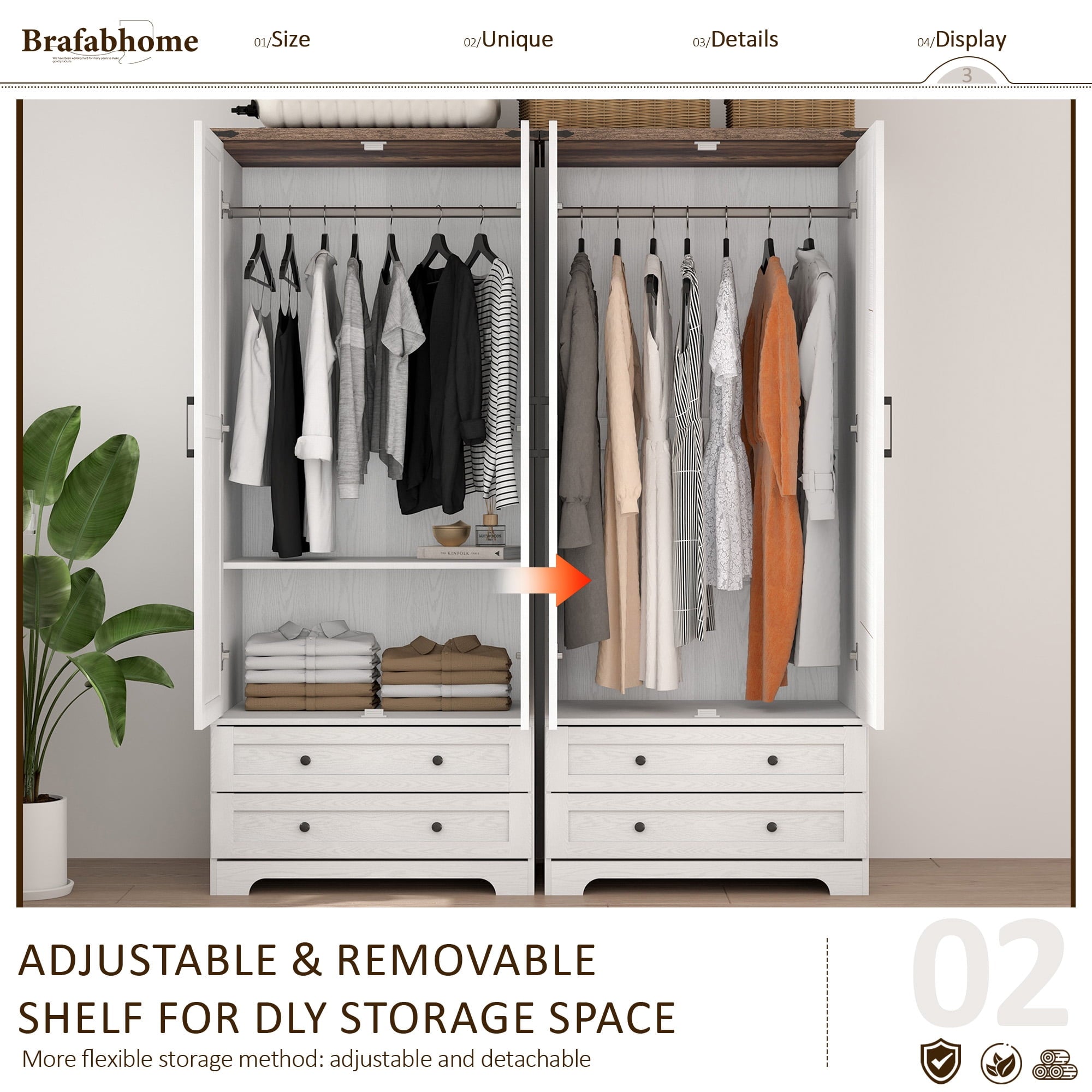 Brafabhome 71H Armoire Wardrobe Closet with 2 Drawers, Farmhouse 2 Doors Armoire Cabinet with Hanging Rod, Modern Freestanding Wardrobe Clothes Cabinet for Bedroom | Gray