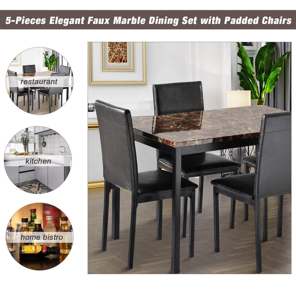 UHOMEPRO Dining Table Set for 4, 5 Piece Dining Room Table Set with Gray Velvet Upholstered Chairs, White Faux Marble Pattern Rectangle Kitchen Table Set for Breakfast Nook Small Space