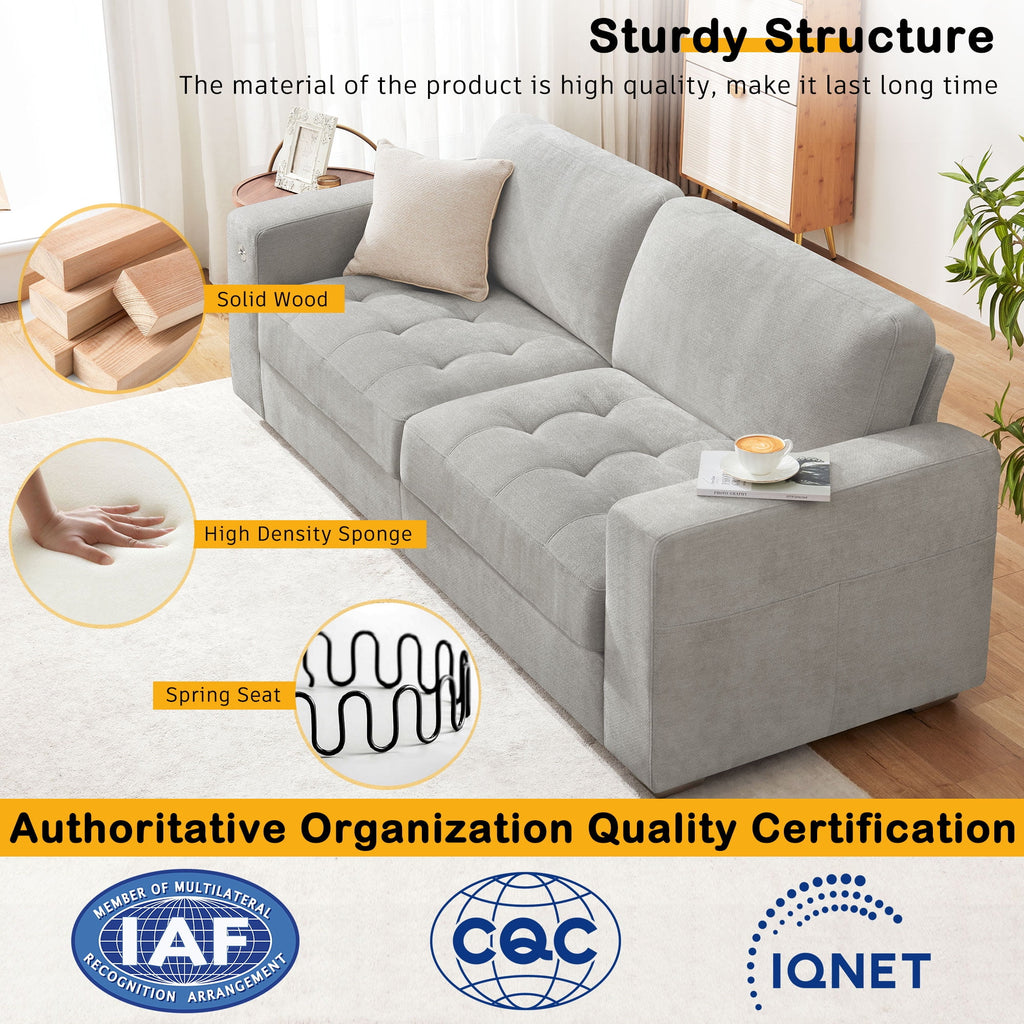 Bedluxury 89 Deep Sofa Couch with USB/Type-C Charging, Storage Pocket & Wide Armrest, Removable Cover, Seats 3 Adults, Chenille Beige