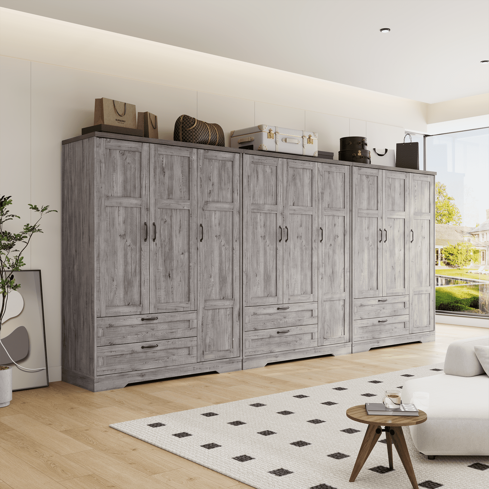 Brafabhome 71H Armoire Wardrobe Closet with 2 Drawers, Farmhouse 2 Doors Armoire Cabinet with Hanging Rod, Modern Freestanding Wardrobe Clothes Cabinet for Bedroom | Gray
