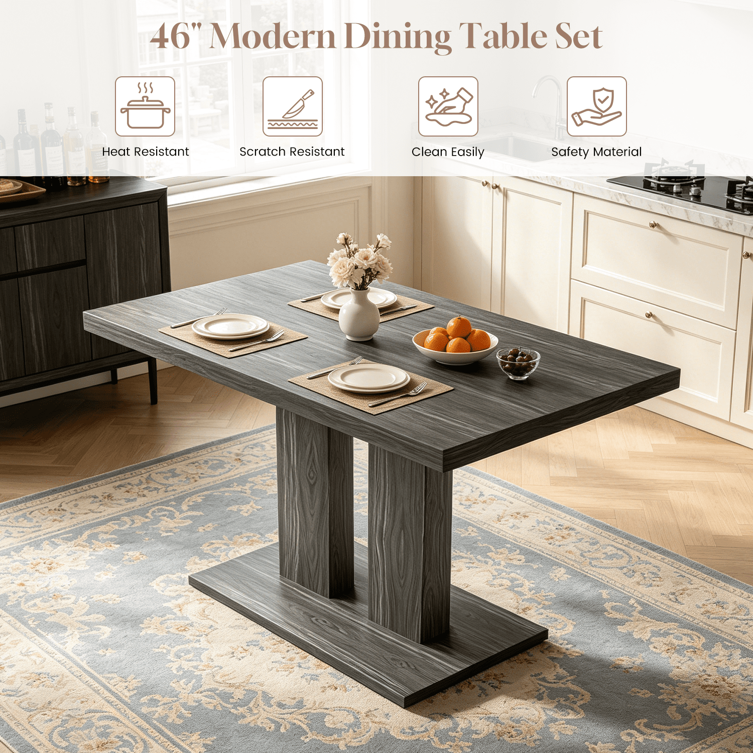 46.2 Dining Table,Modern Square Dining Table for 4-6 People,Rectangular Dining Room Table with Sturdy Pedestal Base，Rectangle kitchen Table for Living Room, Apartment