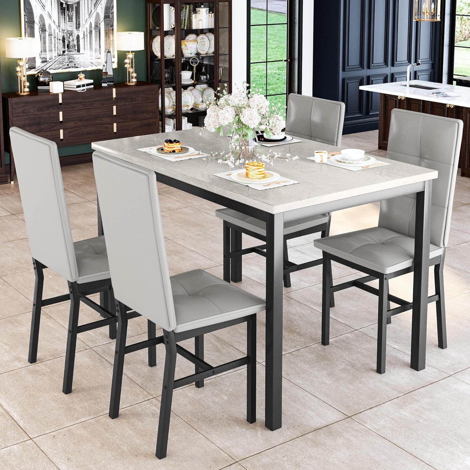 LinkRomat Dining Table Set for 4, Modern Faux Marble Tabletop and 4 PU Leather Upholstered Chairs, Kitchen Table and Chairs for Dining Room Breakfast Nook, Gray