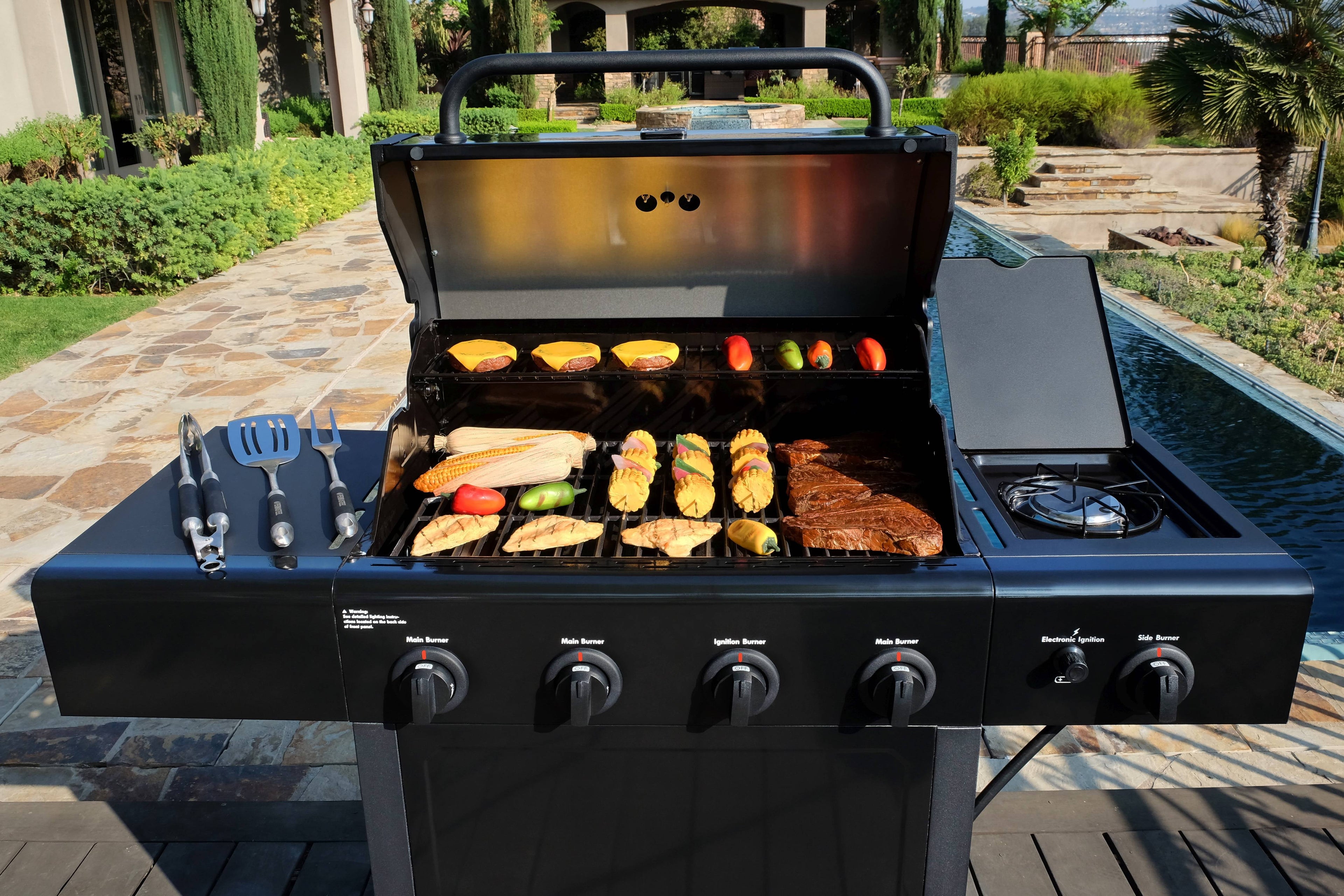 Kenmore 4-Burner Outdoor Propane Gas Grill with Side Burner, Open Cart, Stainless Steel