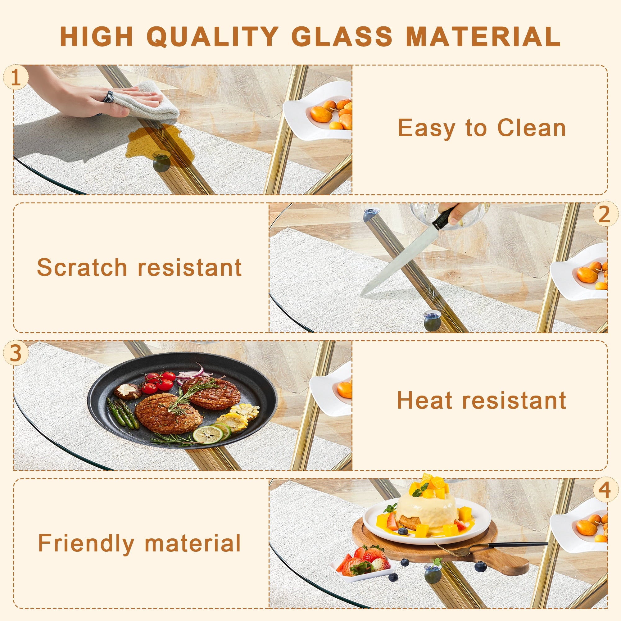 LUFTUT 36.6 Round Glass Dining Table, Modern Gold Base Kitchen Table, Small Space Bistro Table, Clear Tempered Glass Top for Apartmen