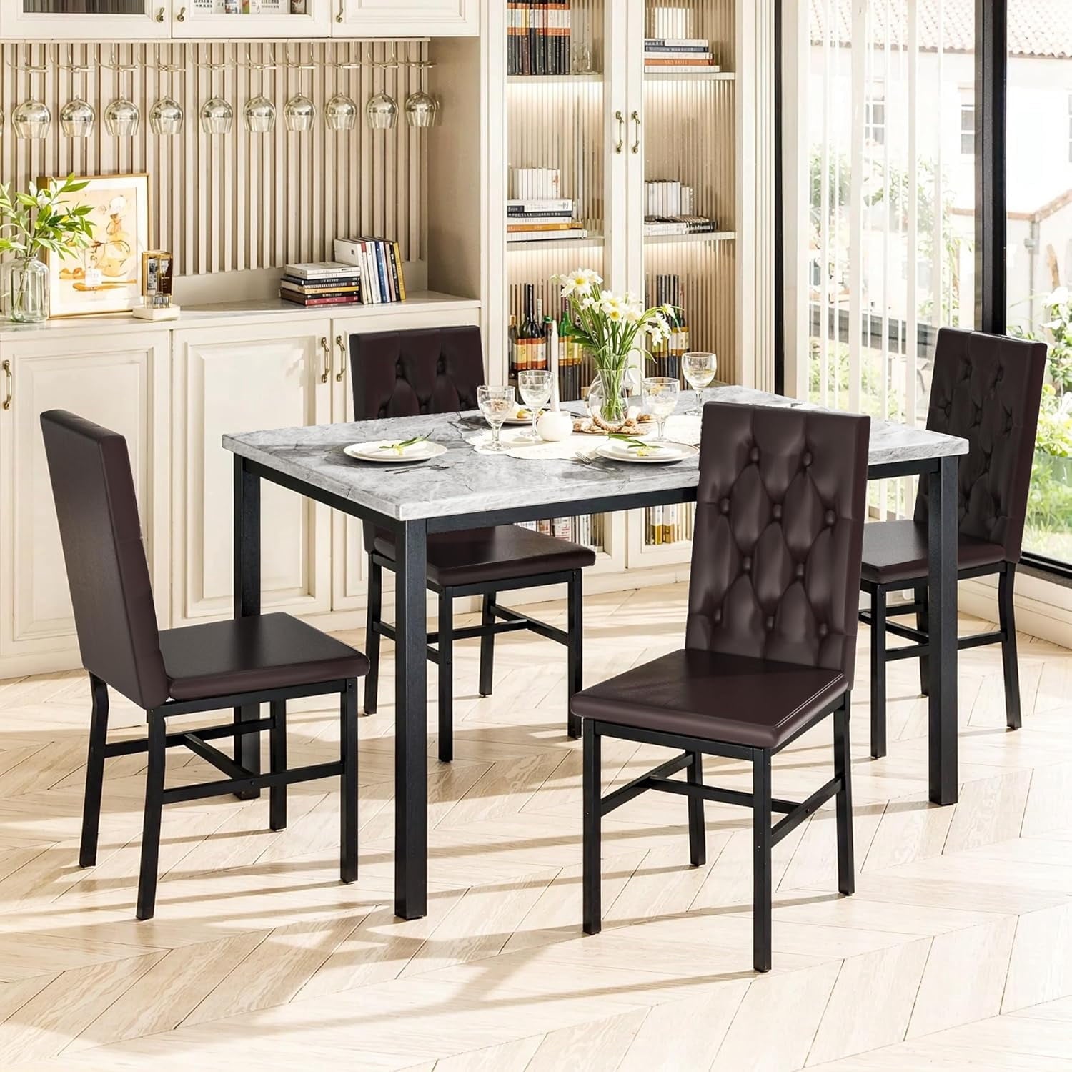 Baxluxe Dining Table Set for 4, Space Saving Rectangle Dining Table with 4 Velvet Dining Chairs, Faux Marble Kitchen Table and Chairs Set, Modern Dining Room Set for Kitchen, Pub, Beige+Gray