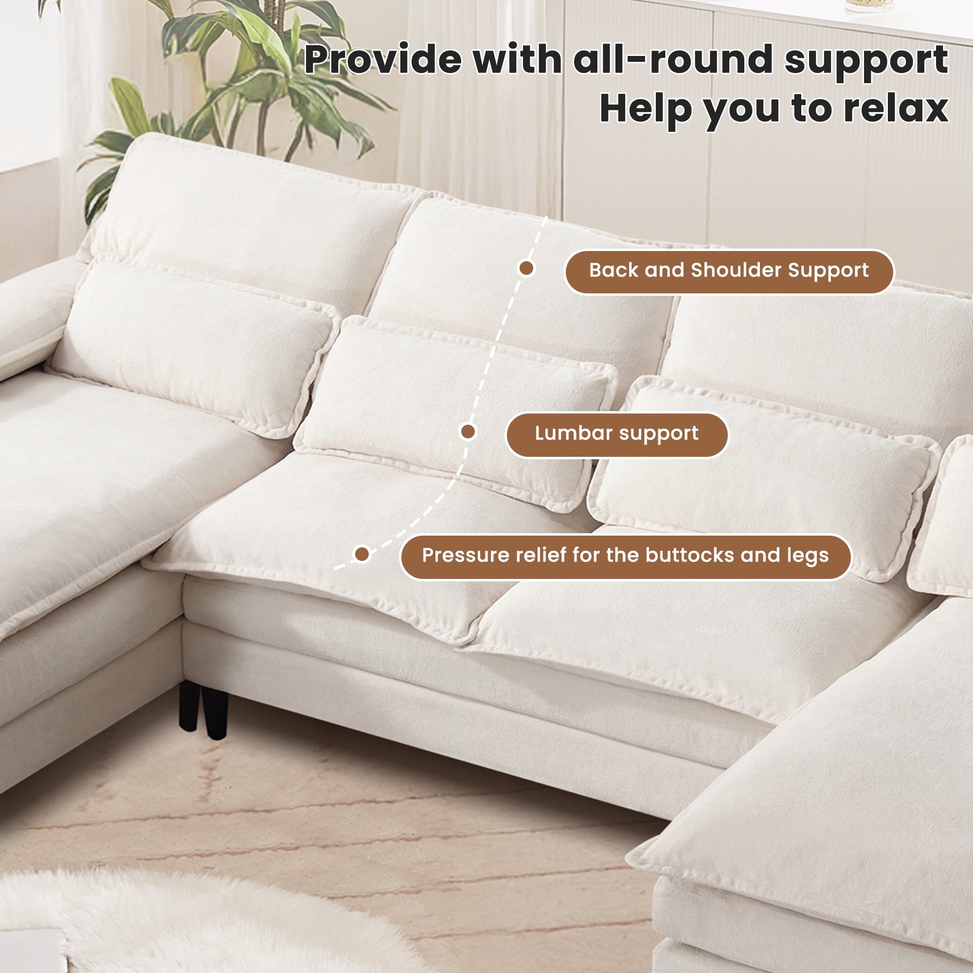 JONPONY109.45 U Shaped Couch,Oversized 4 Seat Sectional with 4 Waist Pillows, Convertible Upholstery Symmetrical Sofá,Sleeper Sofa Couch with Double Chaise Lounge &Memory Foam for Living Room, Beige