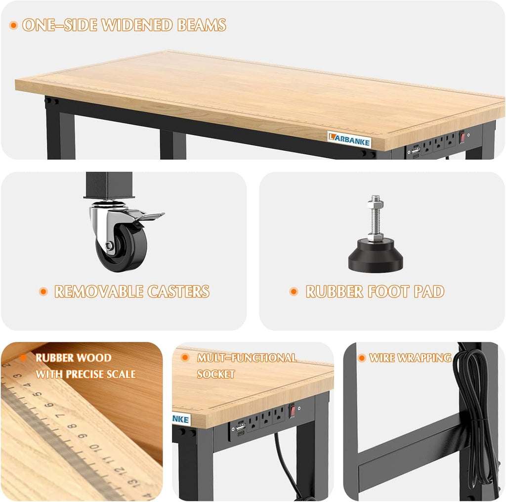 48 Adjustable Workbench with Wheels,Heavy-Duty Rubber Wood Worktable with Power Outlets &  Scales & Foot Pads,2000 LBS Load Capacity Work Benches for Garage,Workshop,Office,Home