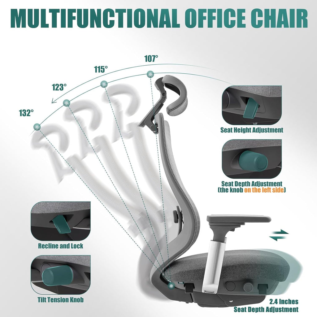 COLAMY ATLAS-01 Ergonomic Office Chair, High Back Office Executive Desk Chair, Mesh Office Chair Lumbar Support with Adjustable Headrest and 4D Arms, Slide Seat, Tilt Lock-Darkgrey