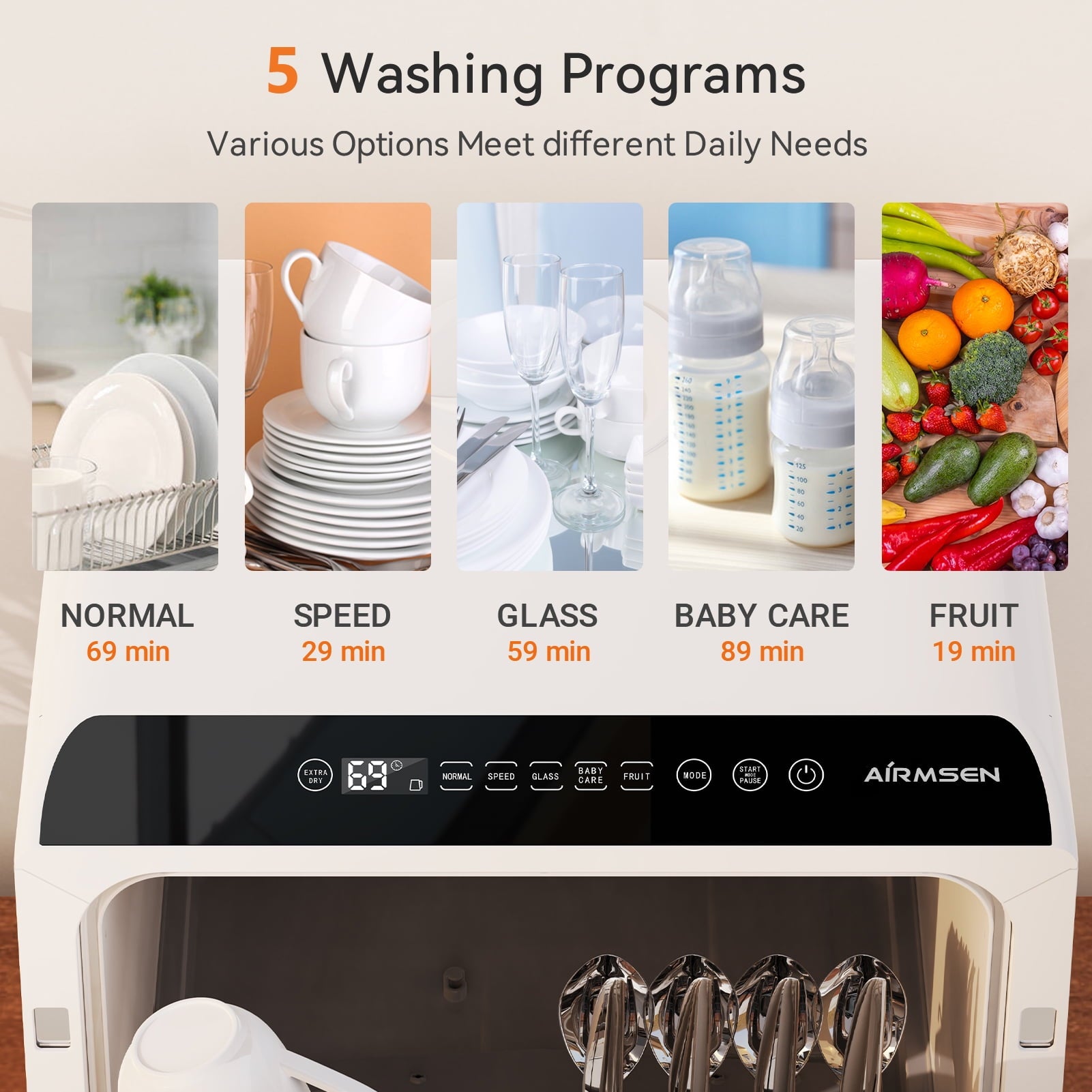 AIRMSEN Countertop Dishwasher with Salt Chamber, Portable Mini Dishwasher with 5L Built-in Water Tank, 18H Delay Start & ECO Mode, Ideal for Apartments & RVs, TDQR09