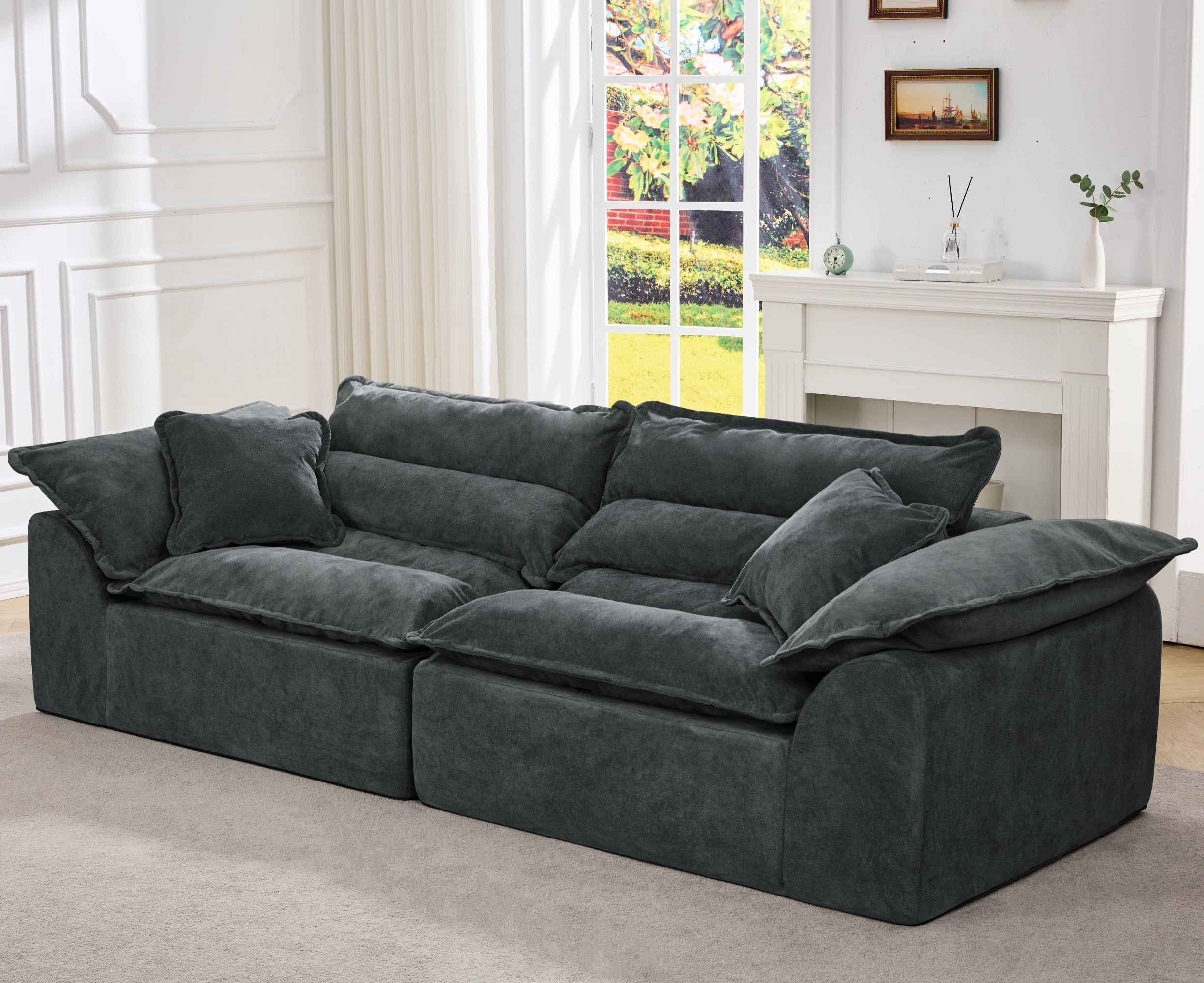 2-Seater Modular Sectional Sofa, Comfy Loveseat with Throw, Deep Seat Memory Foam Small Couches for Small Space, Living Room Apartment, Dark Grey