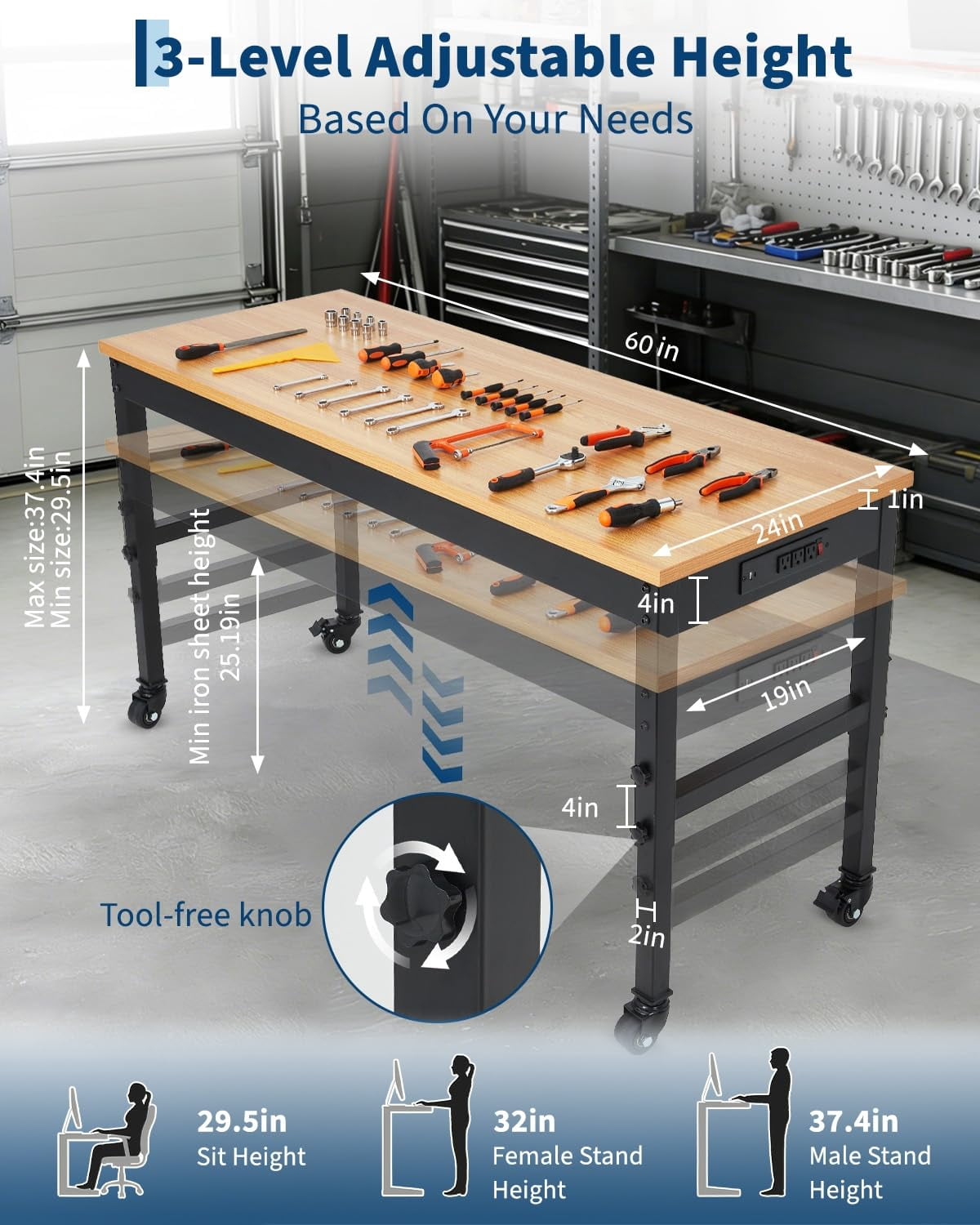 Adjustable Heavy-Duty Workbench with Power Outlets – 48 / 60 / 72 Inch Wood Top Work Table, 2500 lb Capacity, Steel Frame for Garage, Workshop, or Home Office