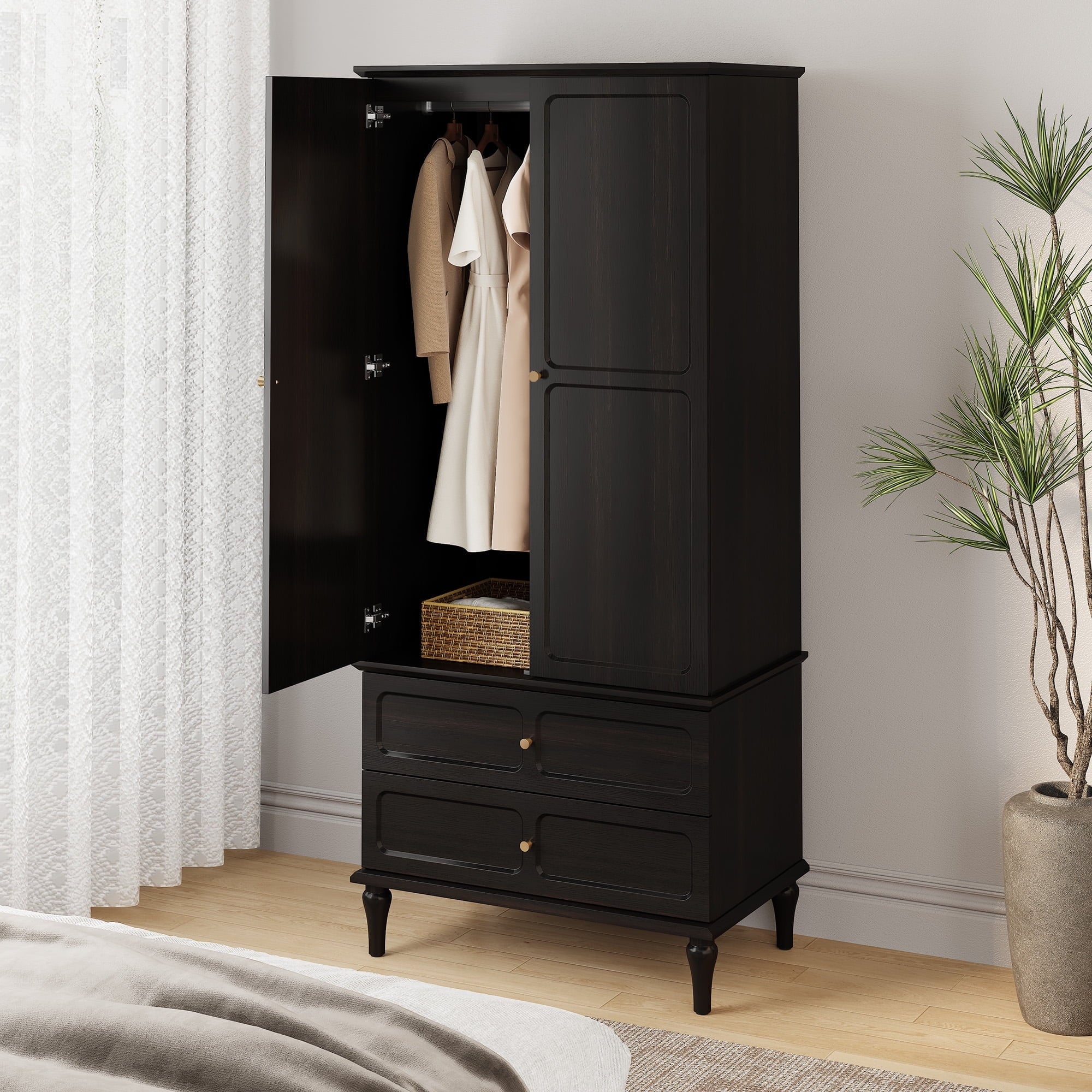 HLR 71 Tall Modern Wood Armoire Wardrobe Closet, Freestanding Cabinet with Hanging Rod for Bedroom, Brown
