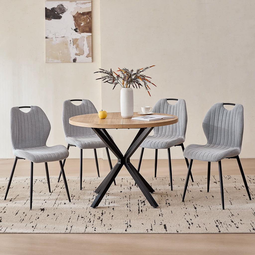 5 Piece 39 Round Dining Table Set for 4, Mid Century Kitchen Table with 4 Khaki Fabric Upholstered Dining Chairs for Apartment Living Room, Space Saving Table.